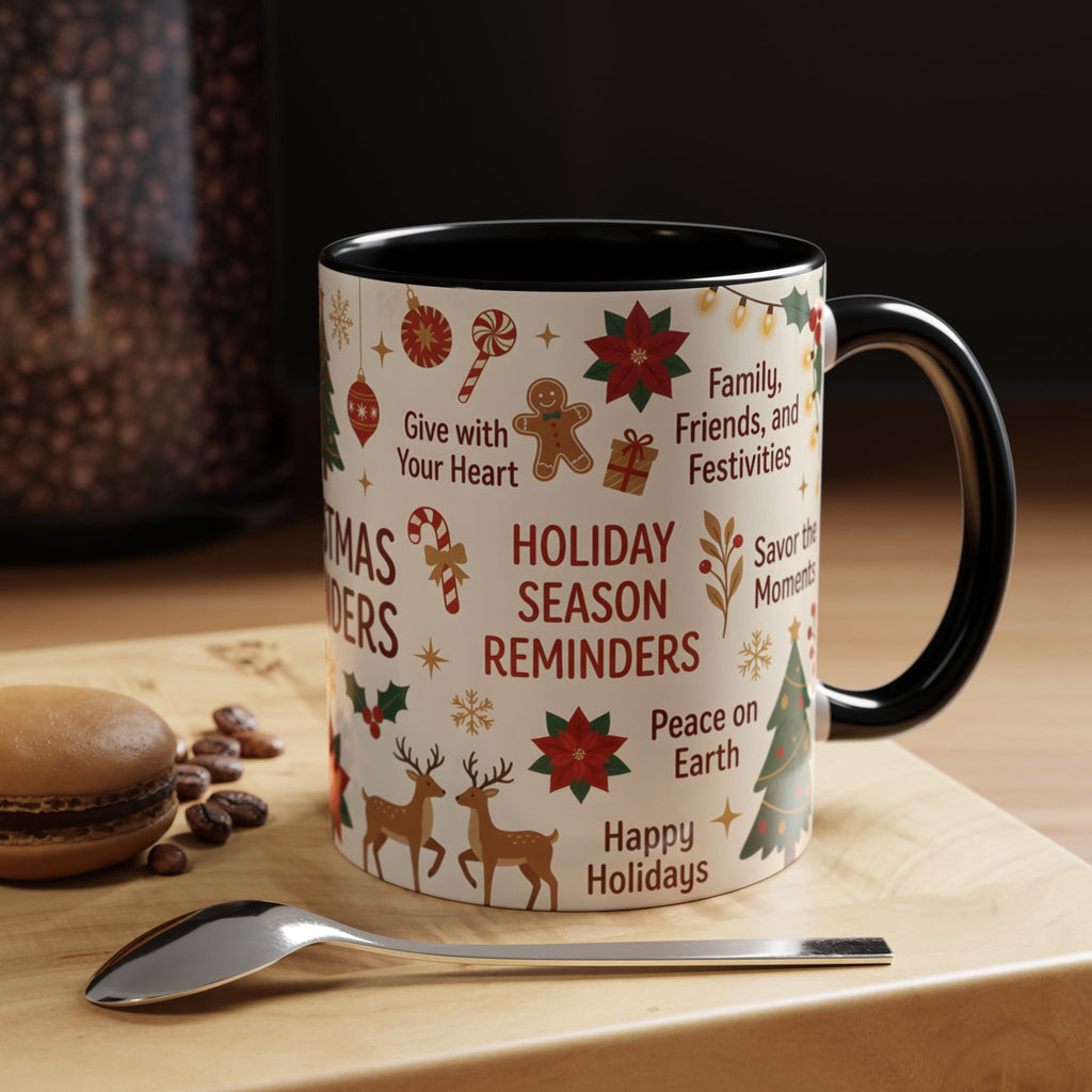 Christmas Reminders Accent Coffee Mug — Holiday Cheer, Peace on Earth Design