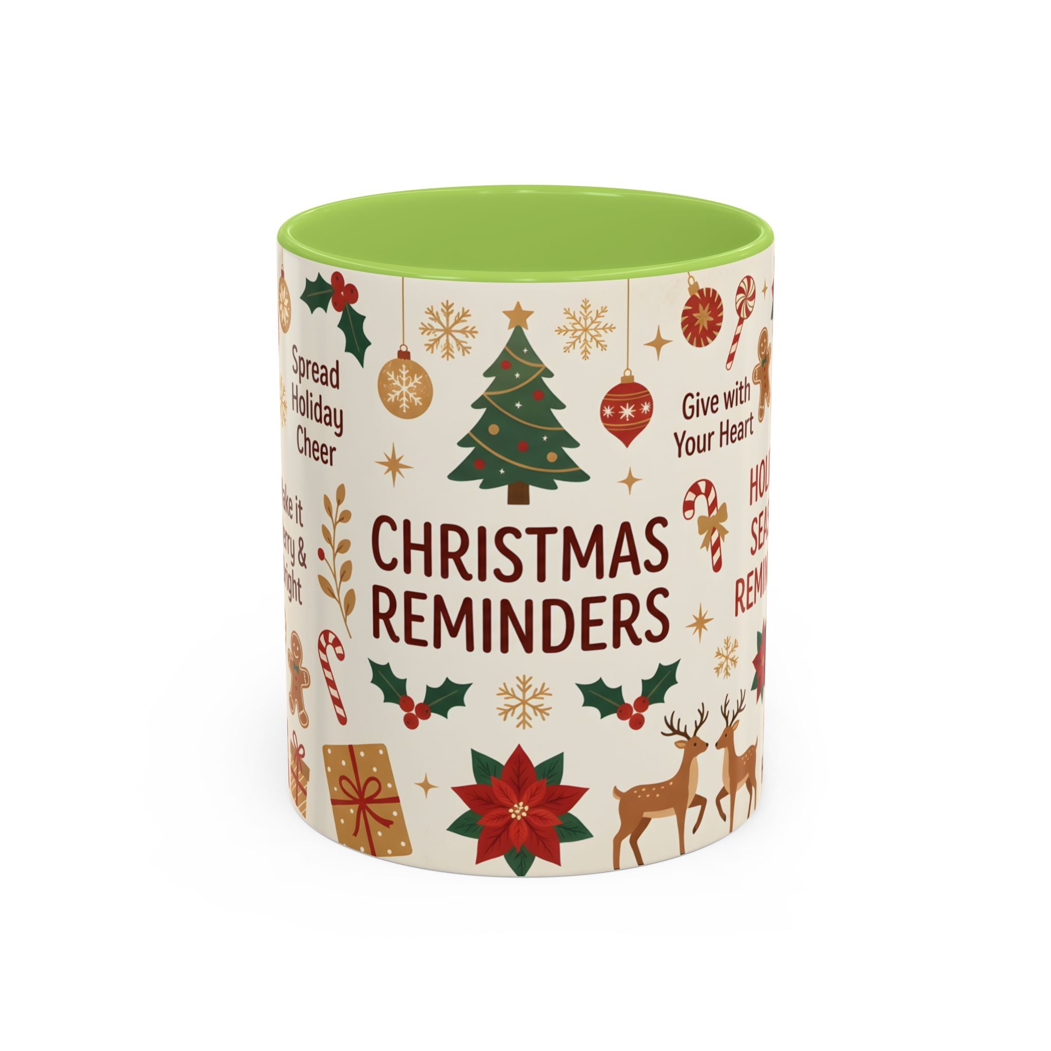 Christmas Reminders Accent Coffee Mug — Holiday Cheer, Peace on Earth Design