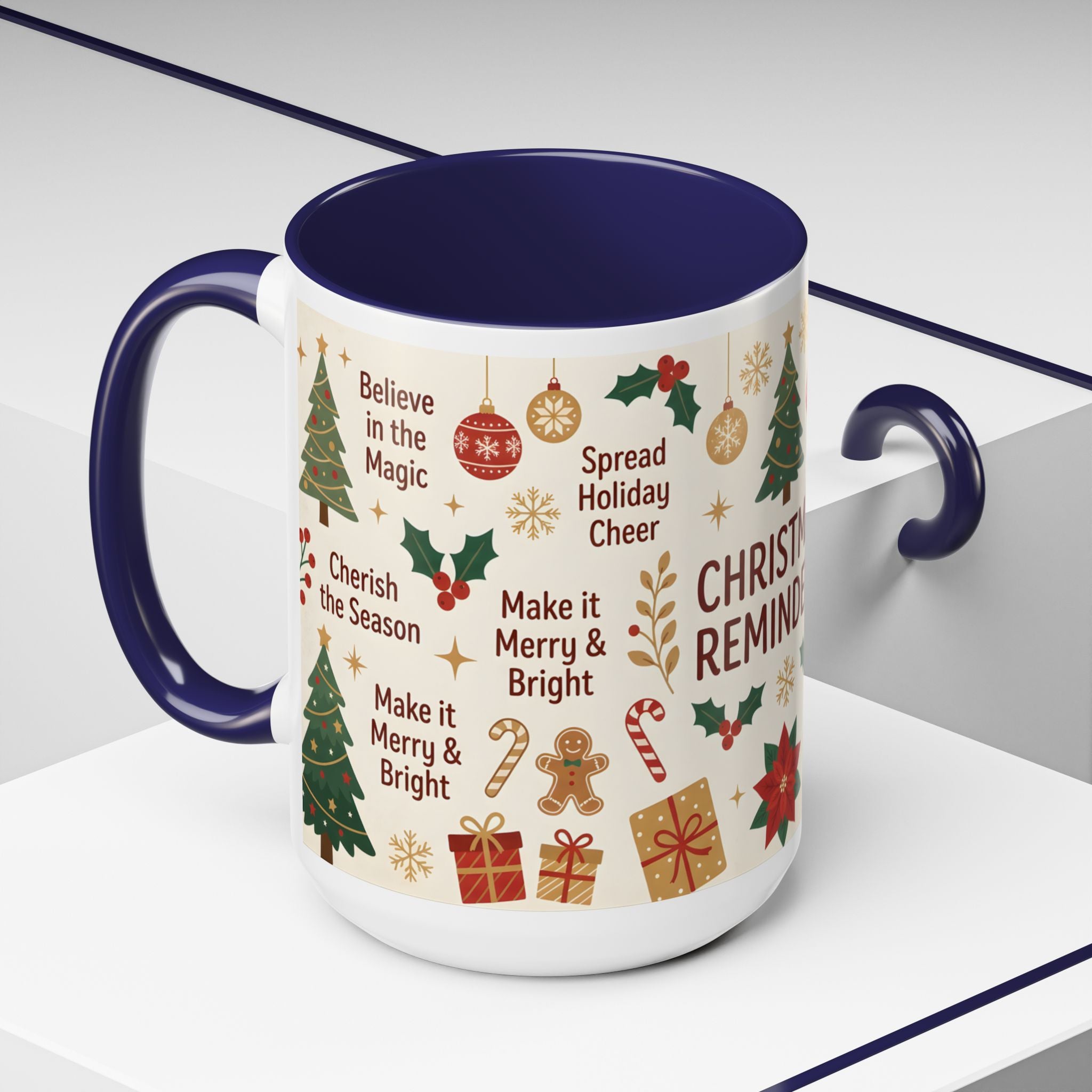 Christmas Reminders Accent Coffee Mug — Holiday Cheer, Peace on Earth Design