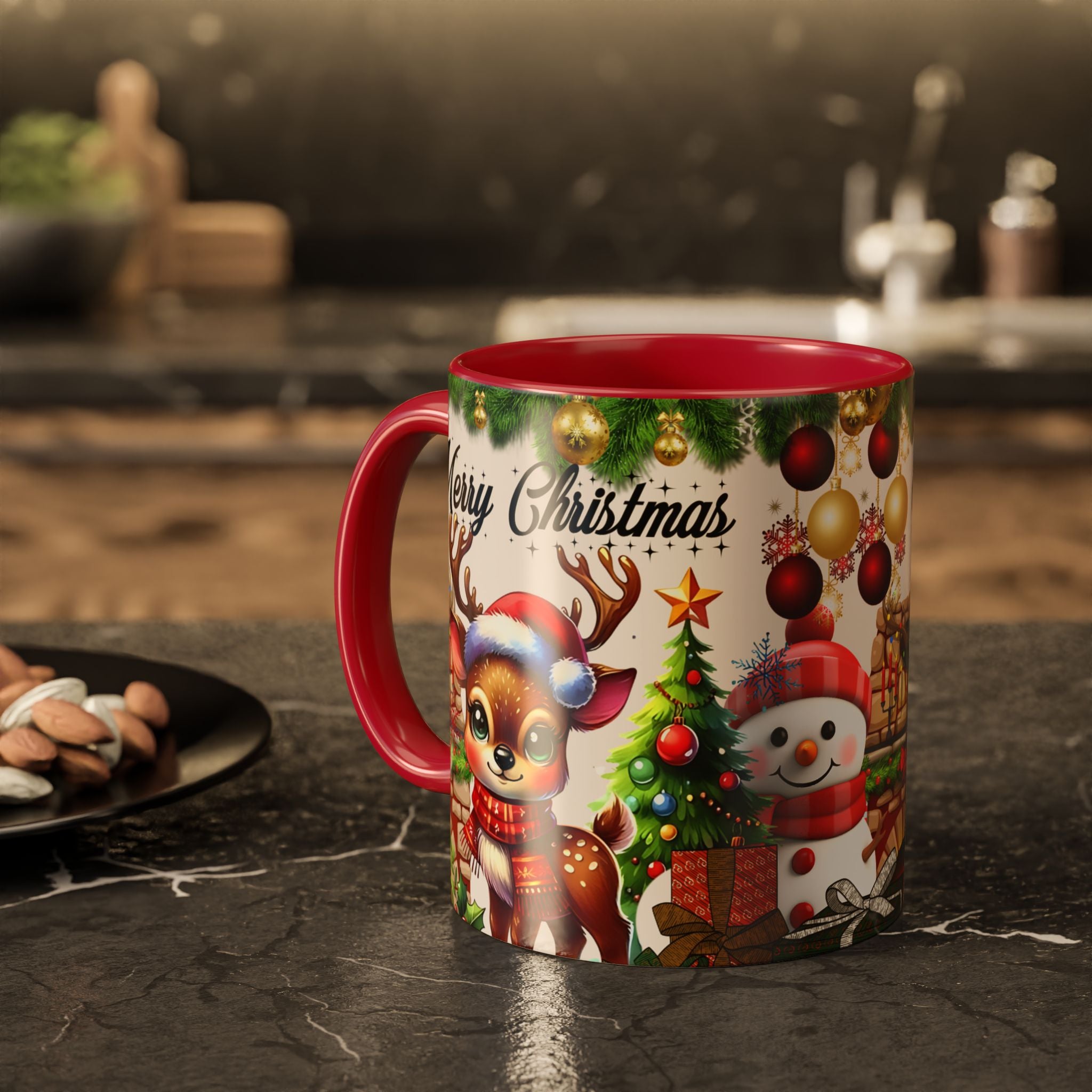 Christmas Reindeer & Snowman Mug  — Merry Christmas Holiday Coffee Cup