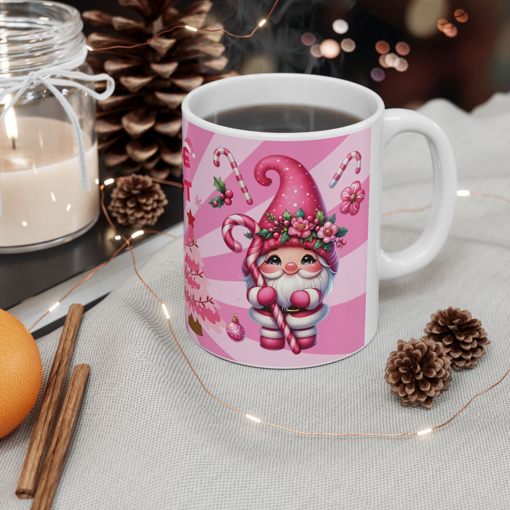 Holiday Ceramic Mug — Pink Striped Ornament Christmas Cocoa Cup