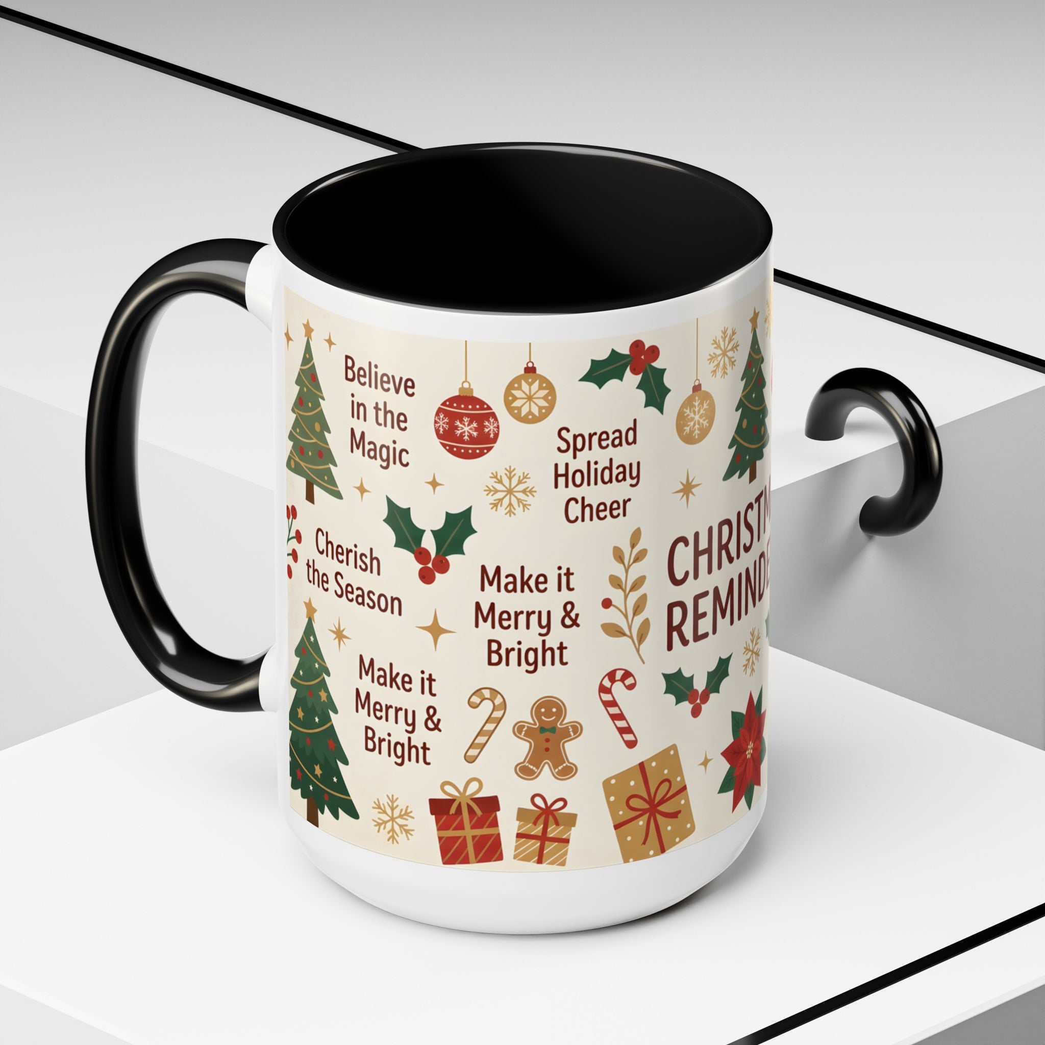 Christmas Reminders Accent Coffee Mug — Holiday Cheer, Peace on Earth Design