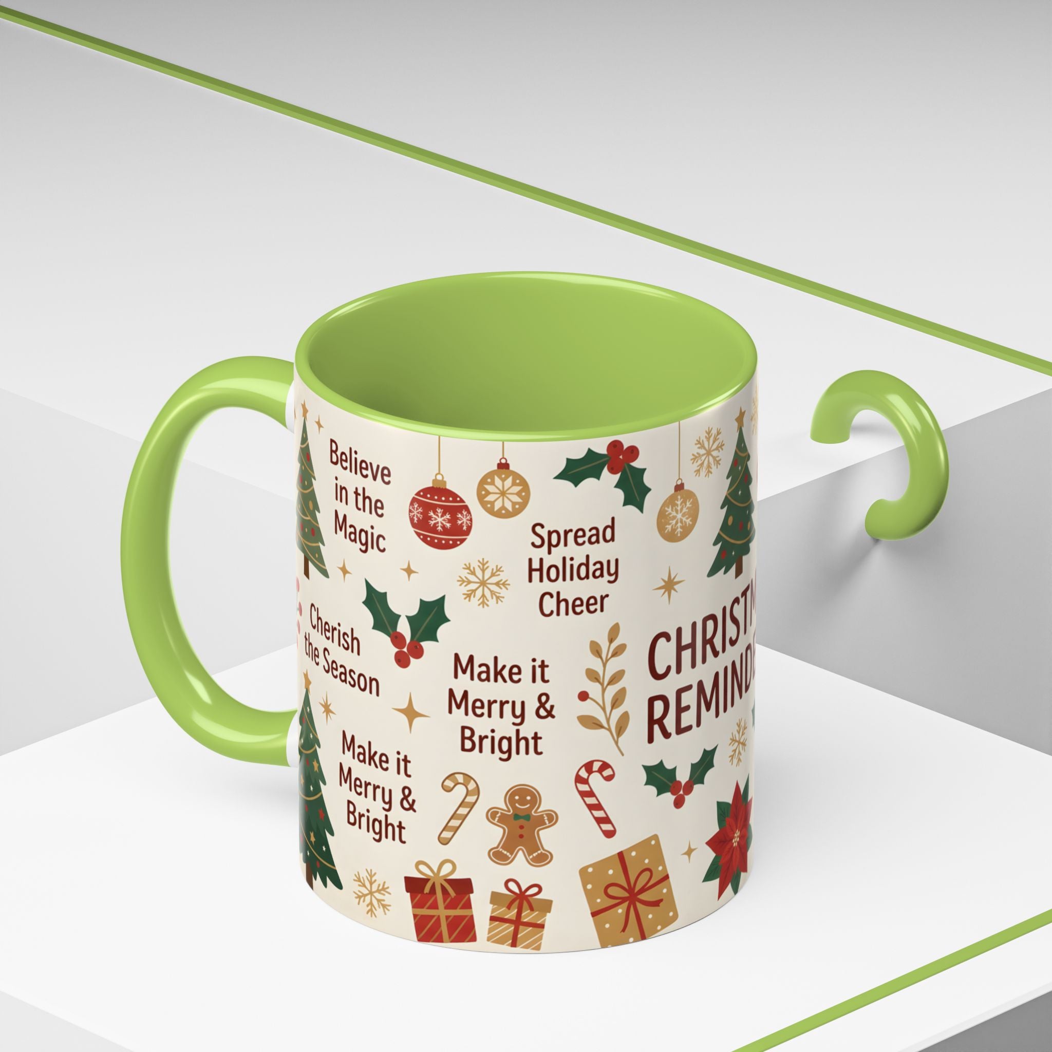 Christmas Reminders Accent Coffee Mug — Holiday Cheer, Peace on Earth Design