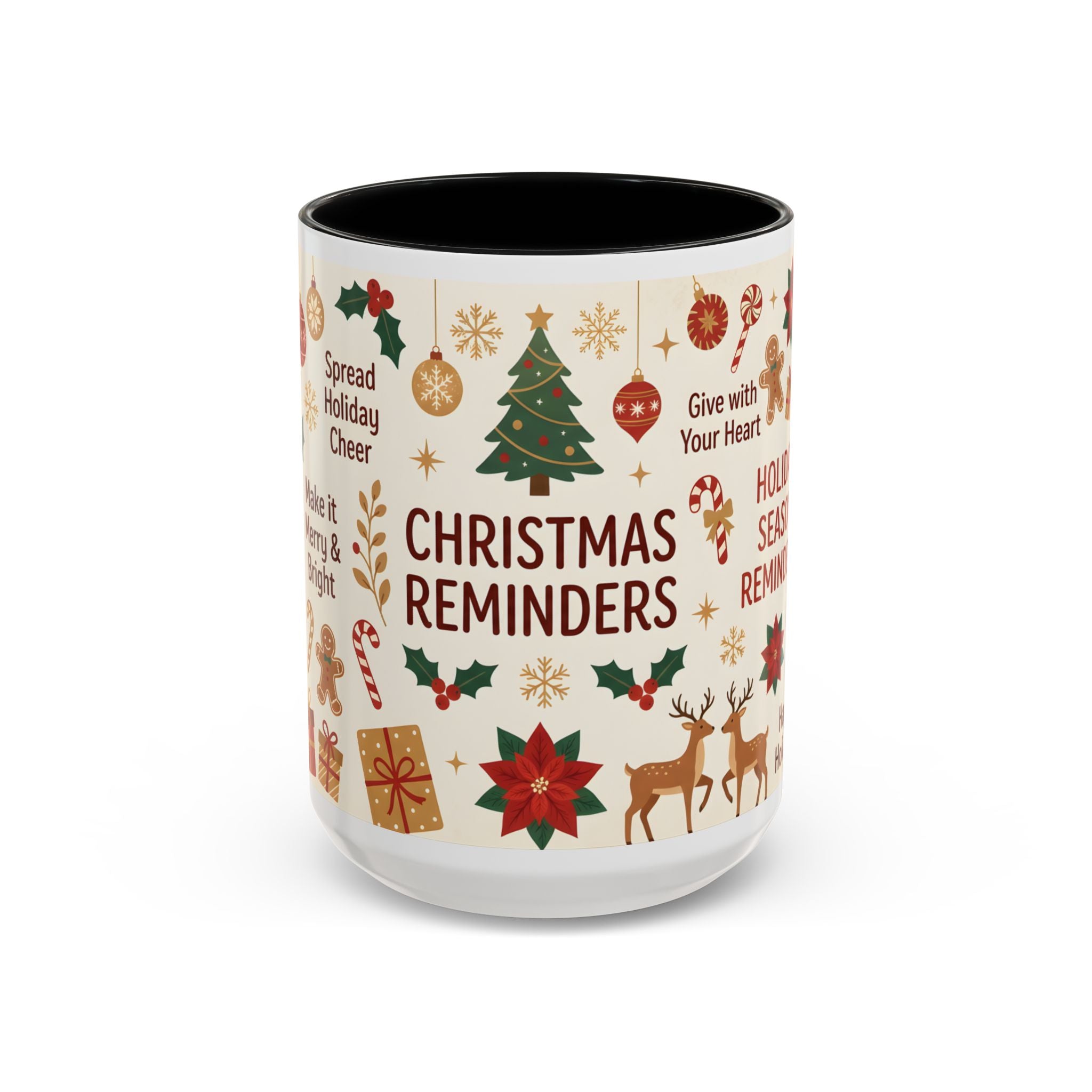 Christmas Reminders Accent Coffee Mug — Holiday Cheer, Peace on Earth Design