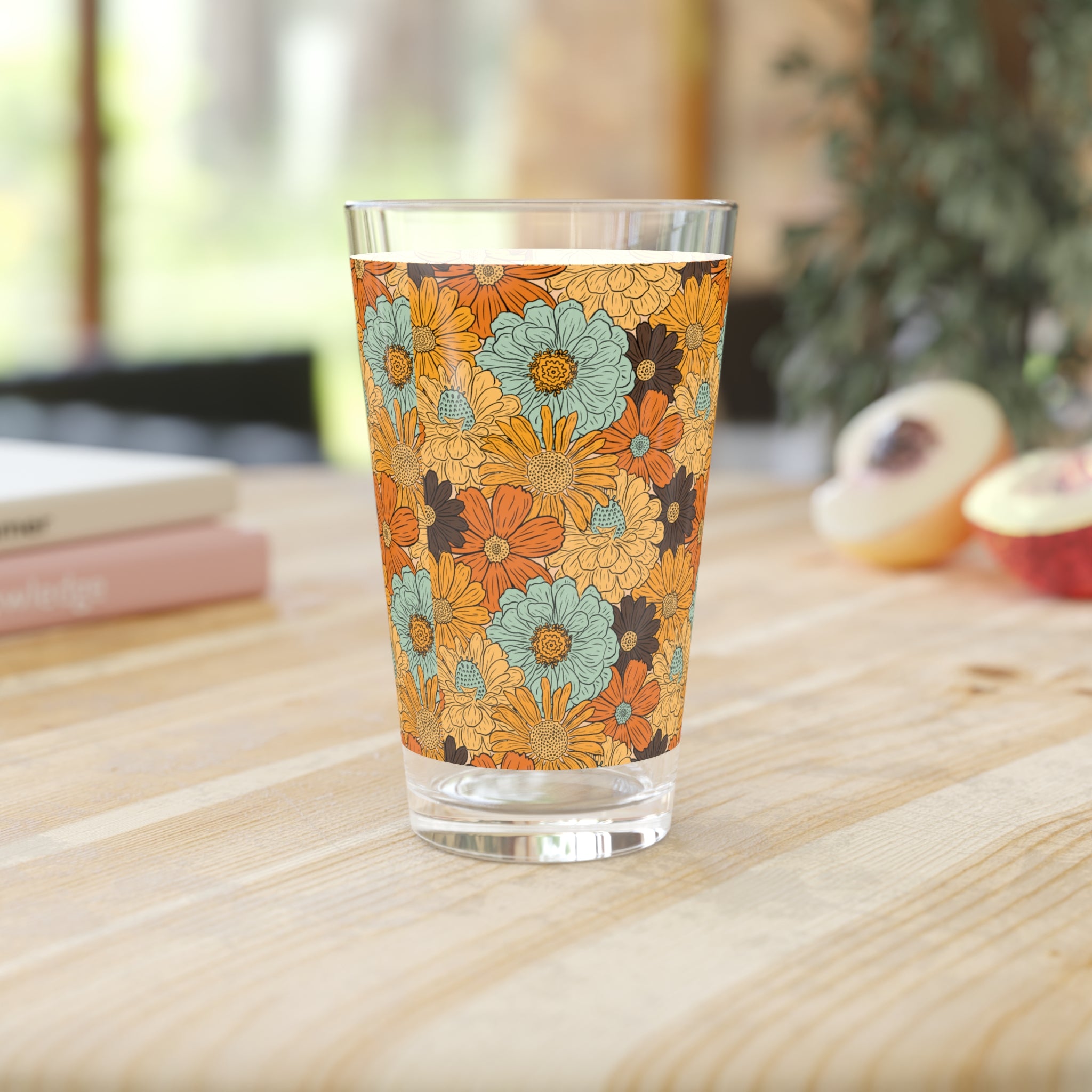 Retro Floral Pint Glass / Retro Floral Pint Glass - 16oz Vintage Orange & Teal Daisy Drinkware