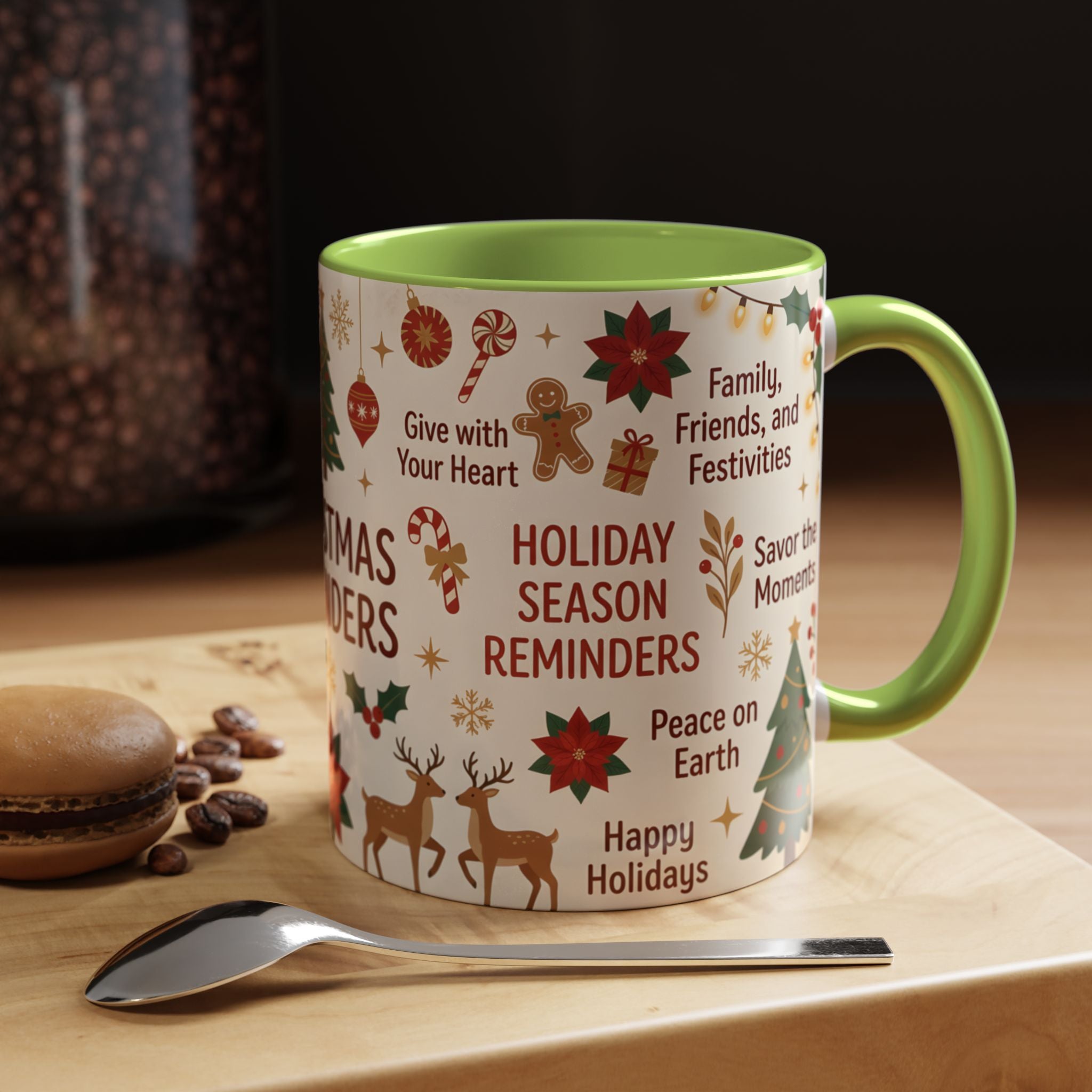 Christmas Reminders Accent Coffee Mug — Holiday Cheer, Peace on Earth Design