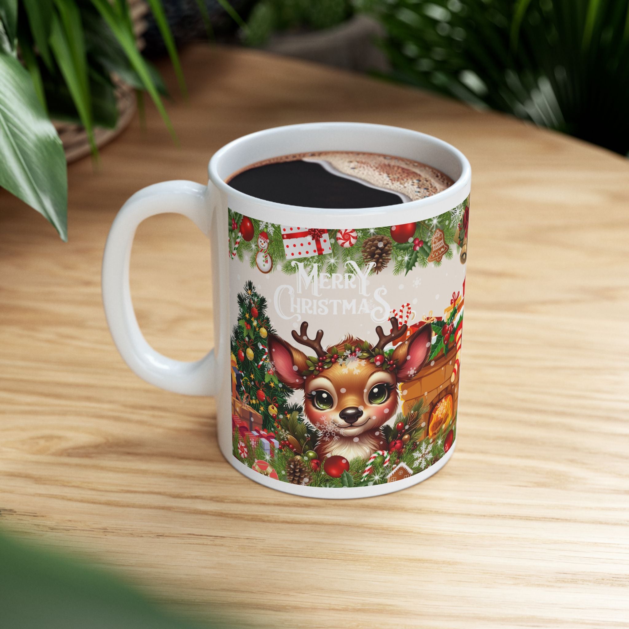Christmas Reindeer Fireplace Ceramic Mug  - Holiday Coffee Cup with Tree, Stockings & Gifts