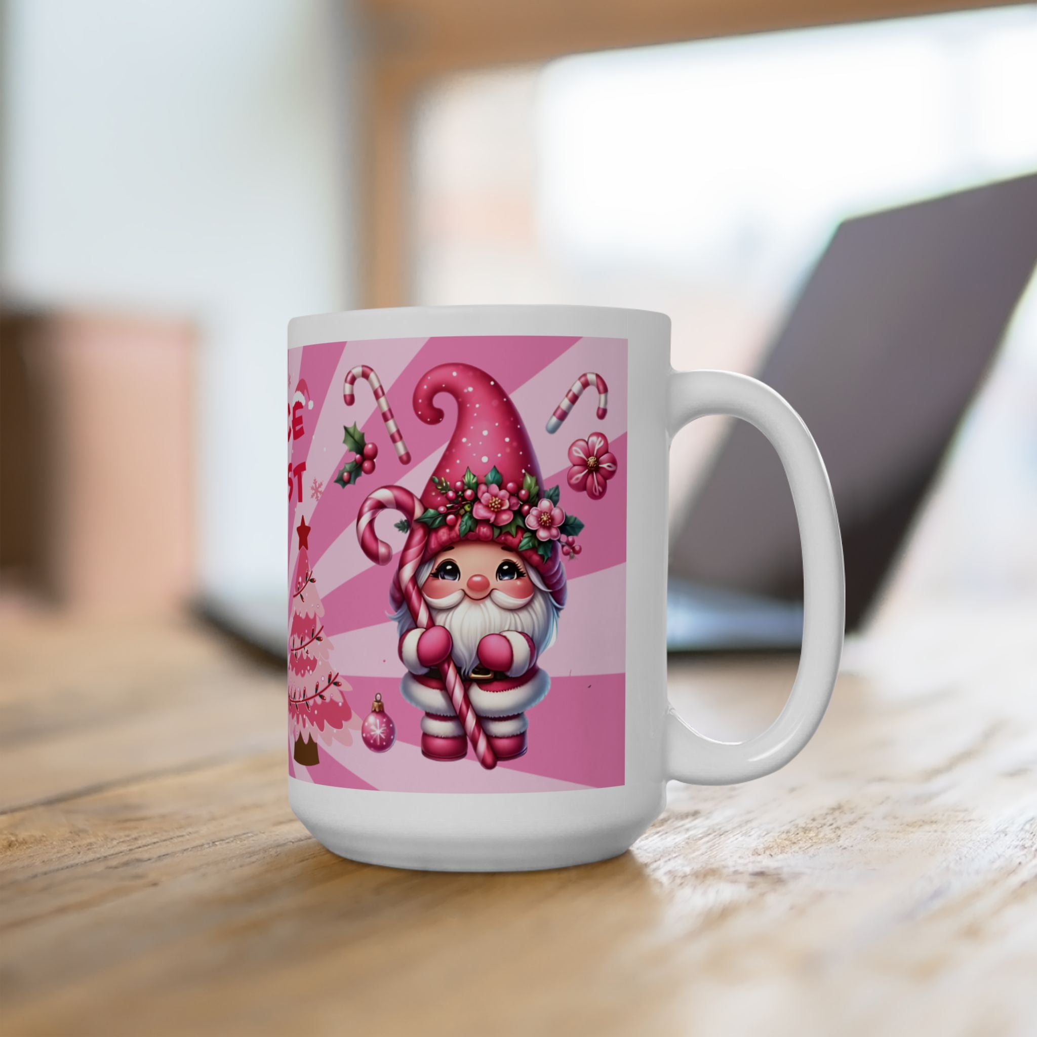 Holiday Ceramic Mug — Pink Striped Ornament Christmas Cocoa Cup