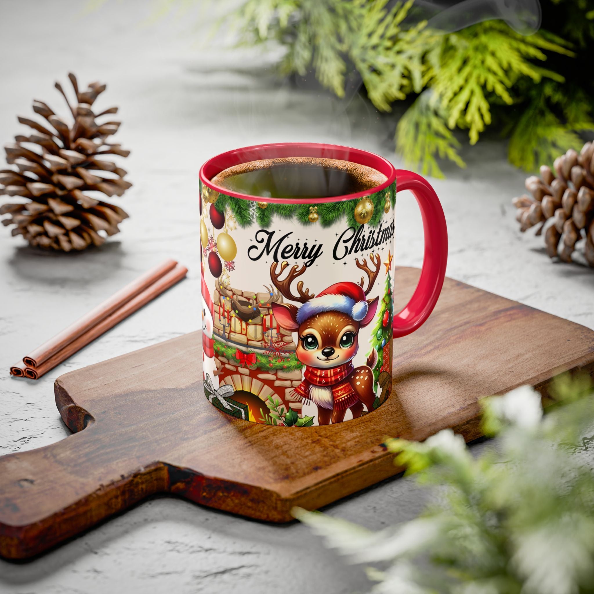 Christmas Reindeer & Snowman Mug  — Merry Christmas Holiday Coffee Cup