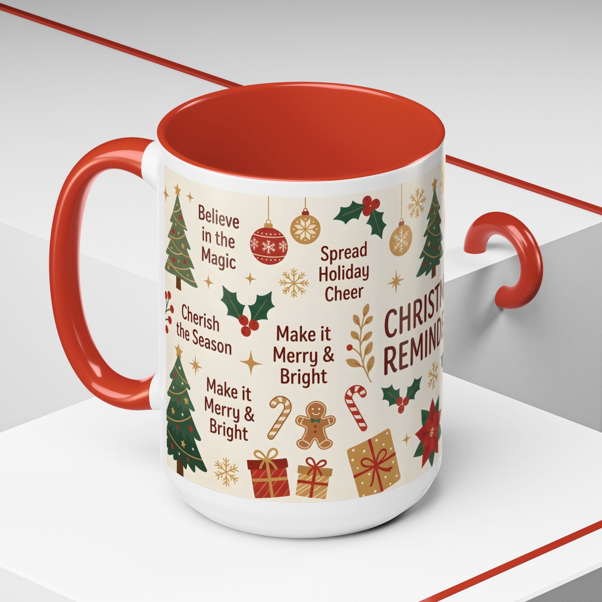 Christmas Reminders Accent Coffee Mug — Holiday Cheer, Peace on Earth Design