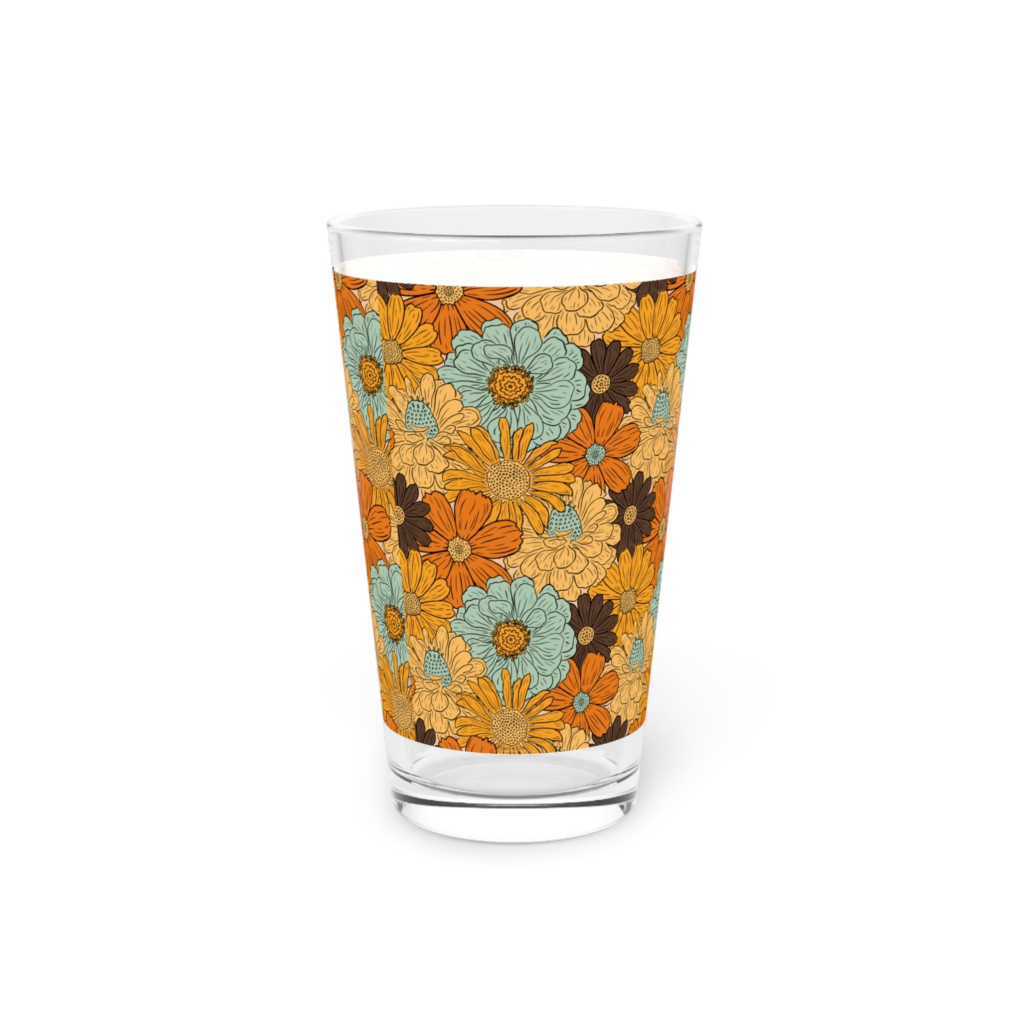 Retro Floral Pint Glass / Retro Floral Pint Glass - 16oz Vintage Orange & Teal Daisy Drinkware