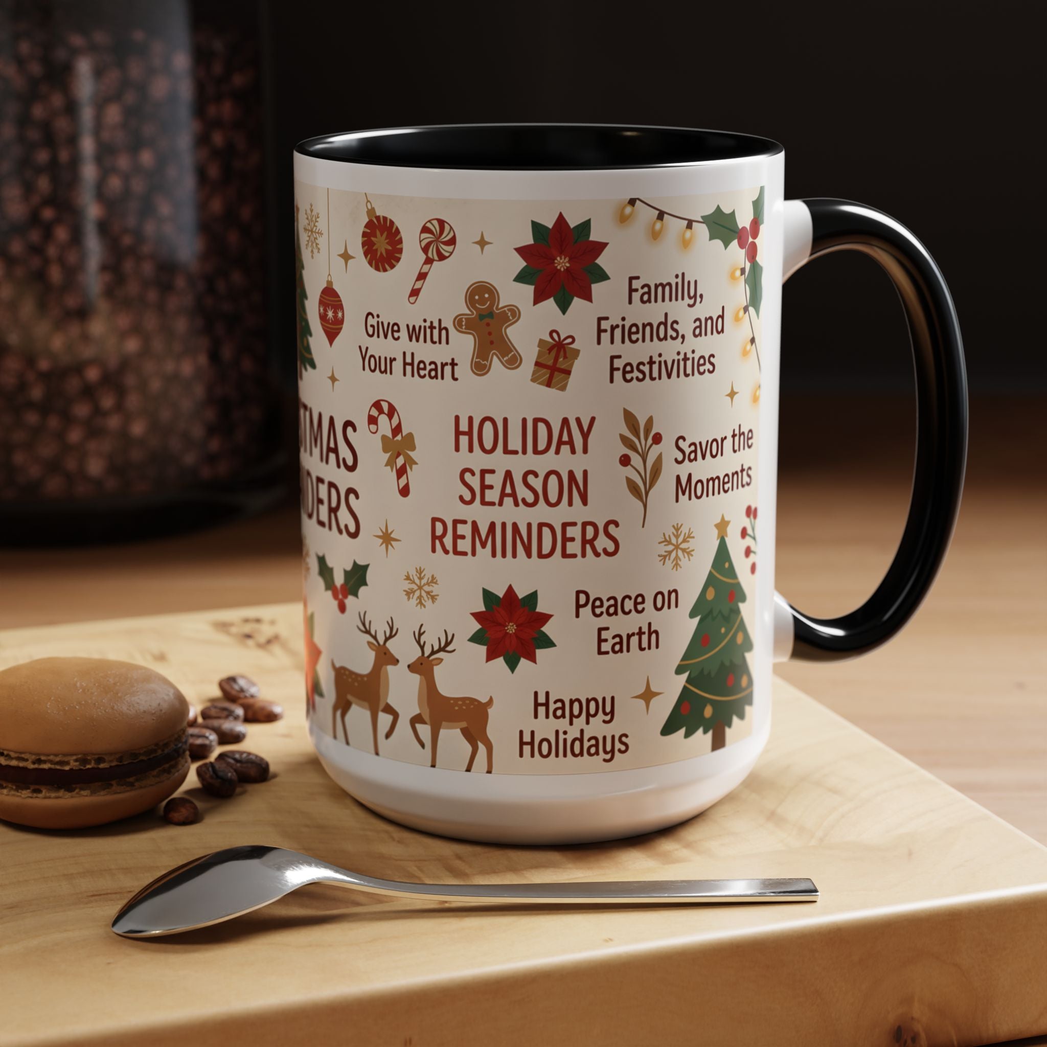 Christmas Reminders Accent Coffee Mug — Holiday Cheer, Peace on Earth Design