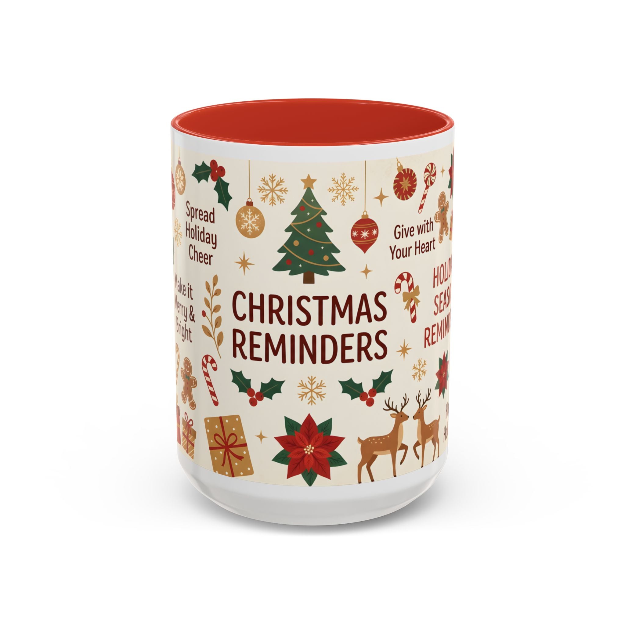 Christmas Reminders Accent Coffee Mug — Holiday Cheer, Peace on Earth Design