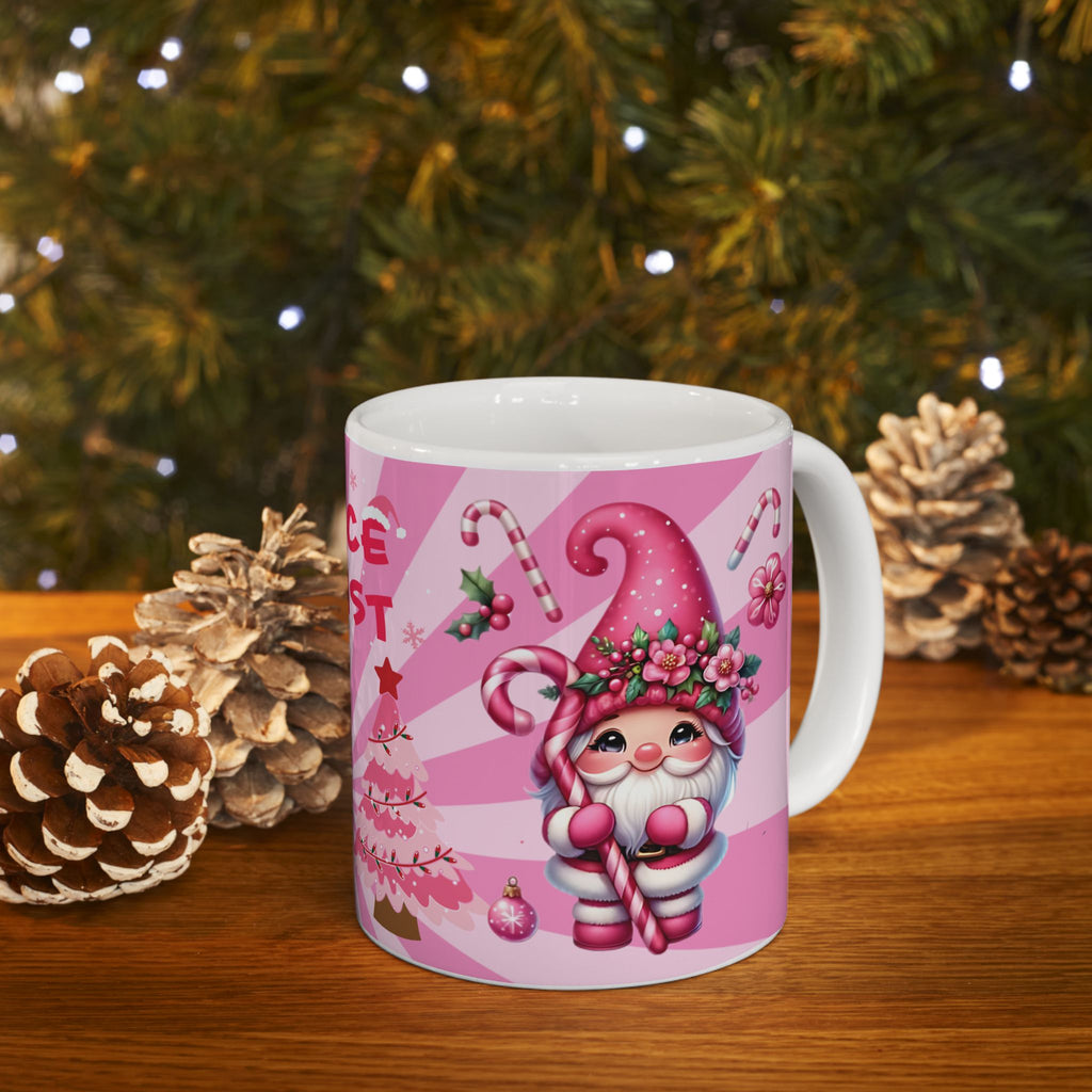 Holiday Ceramic Mug — Pink Striped Ornament Christmas Cocoa Cup
