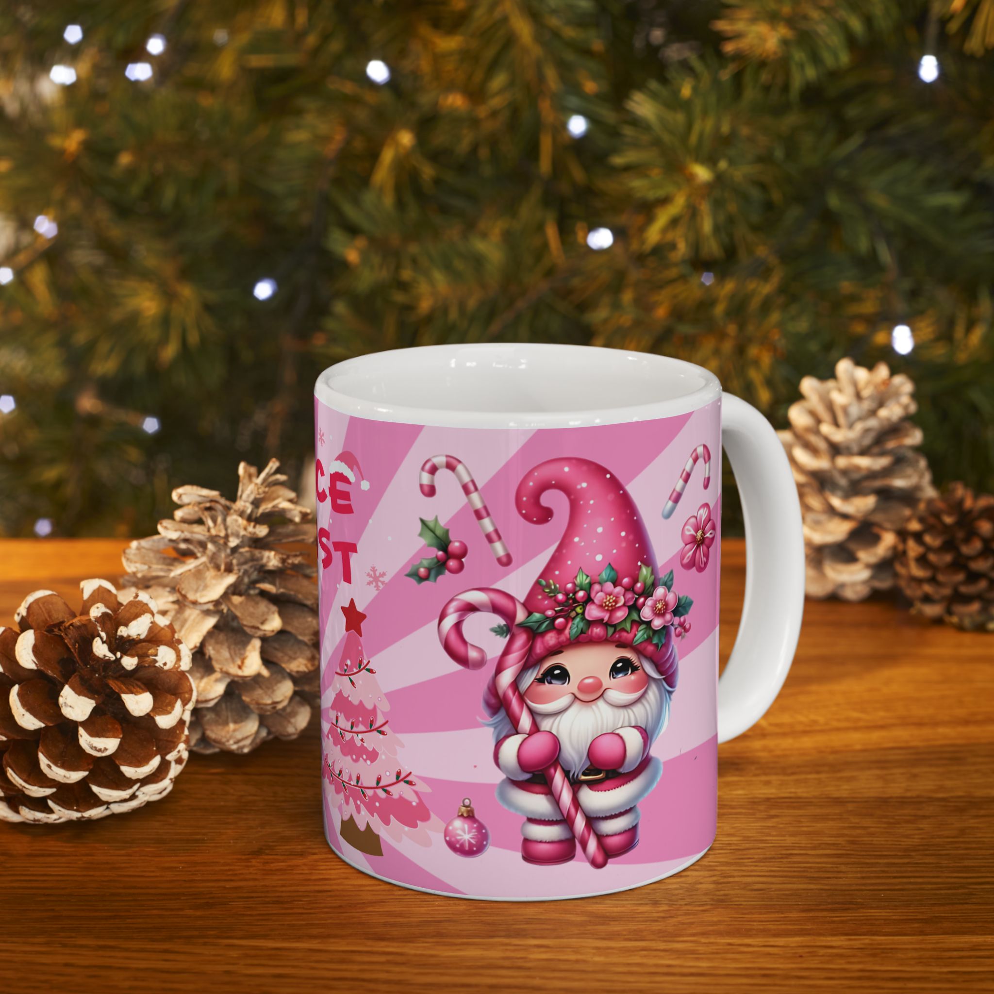 Holiday Ceramic Mug — Pink Striped Ornament Christmas Cocoa Cup