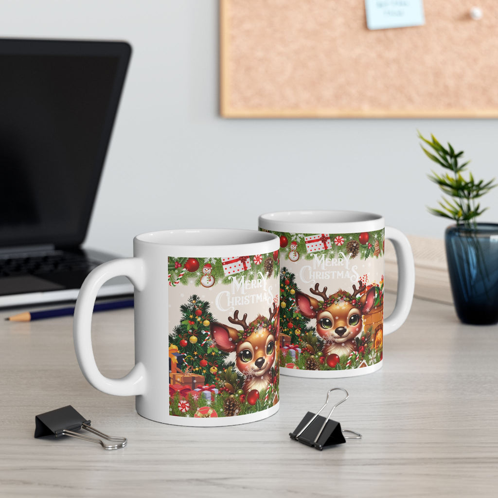 Christmas Reindeer Fireplace Ceramic Mug  - Holiday Coffee Cup with Tree, Stockings & Gifts