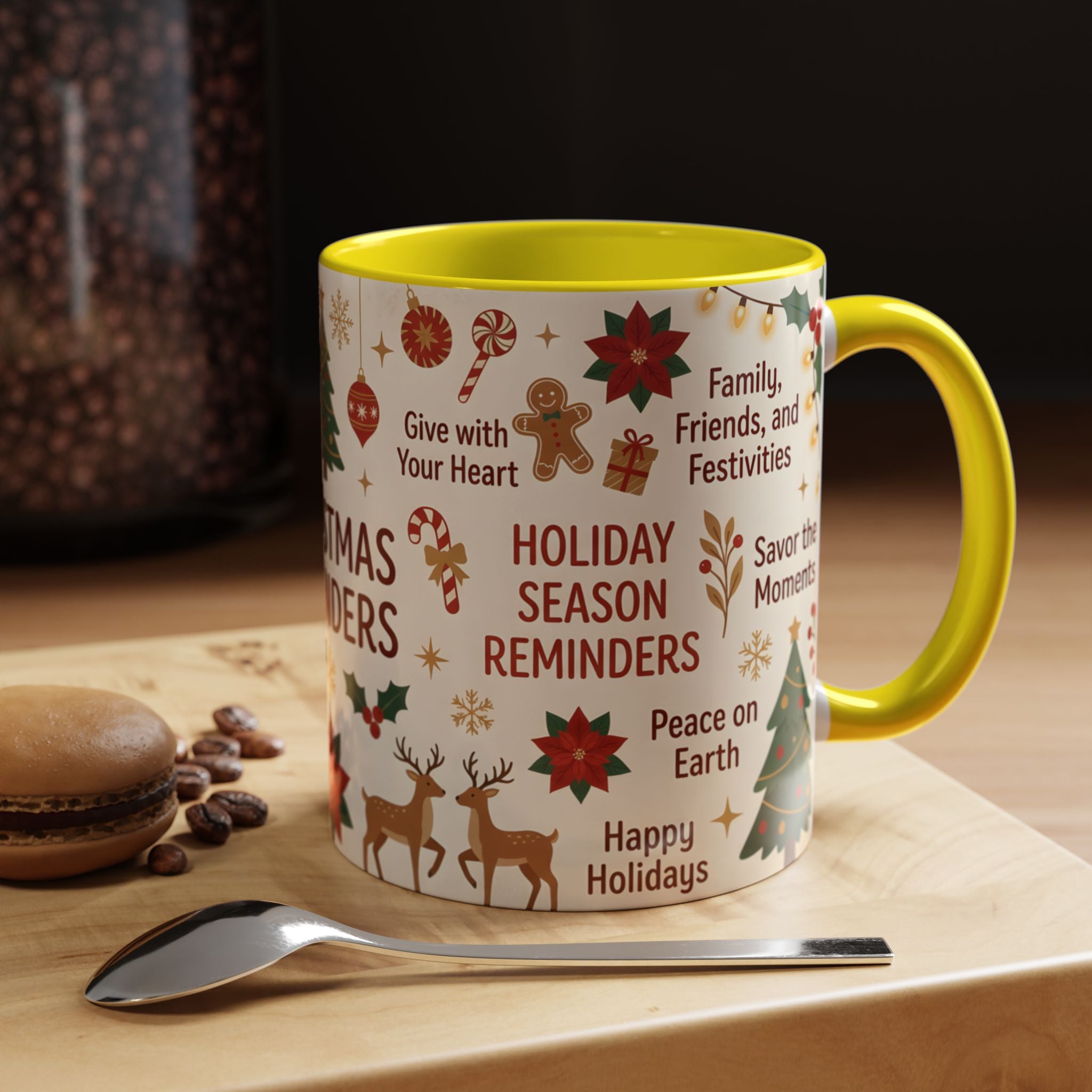 Christmas Reminders Accent Coffee Mug — Holiday Cheer, Peace on Earth Design