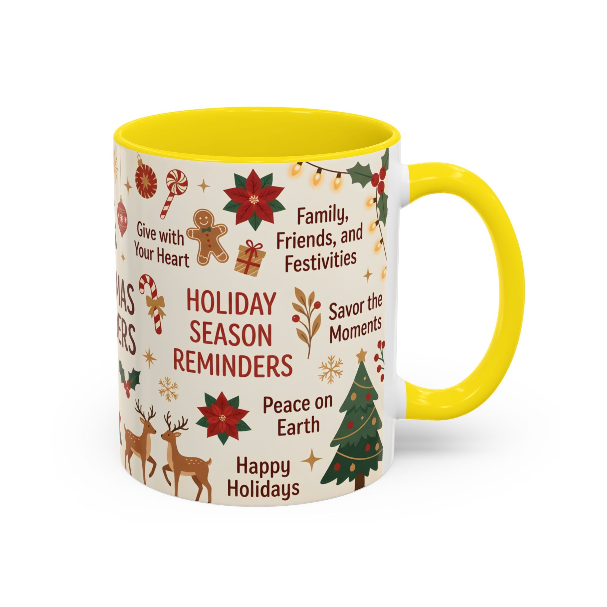 Christmas Reminders Accent Coffee Mug — Holiday Cheer, Peace on Earth Design