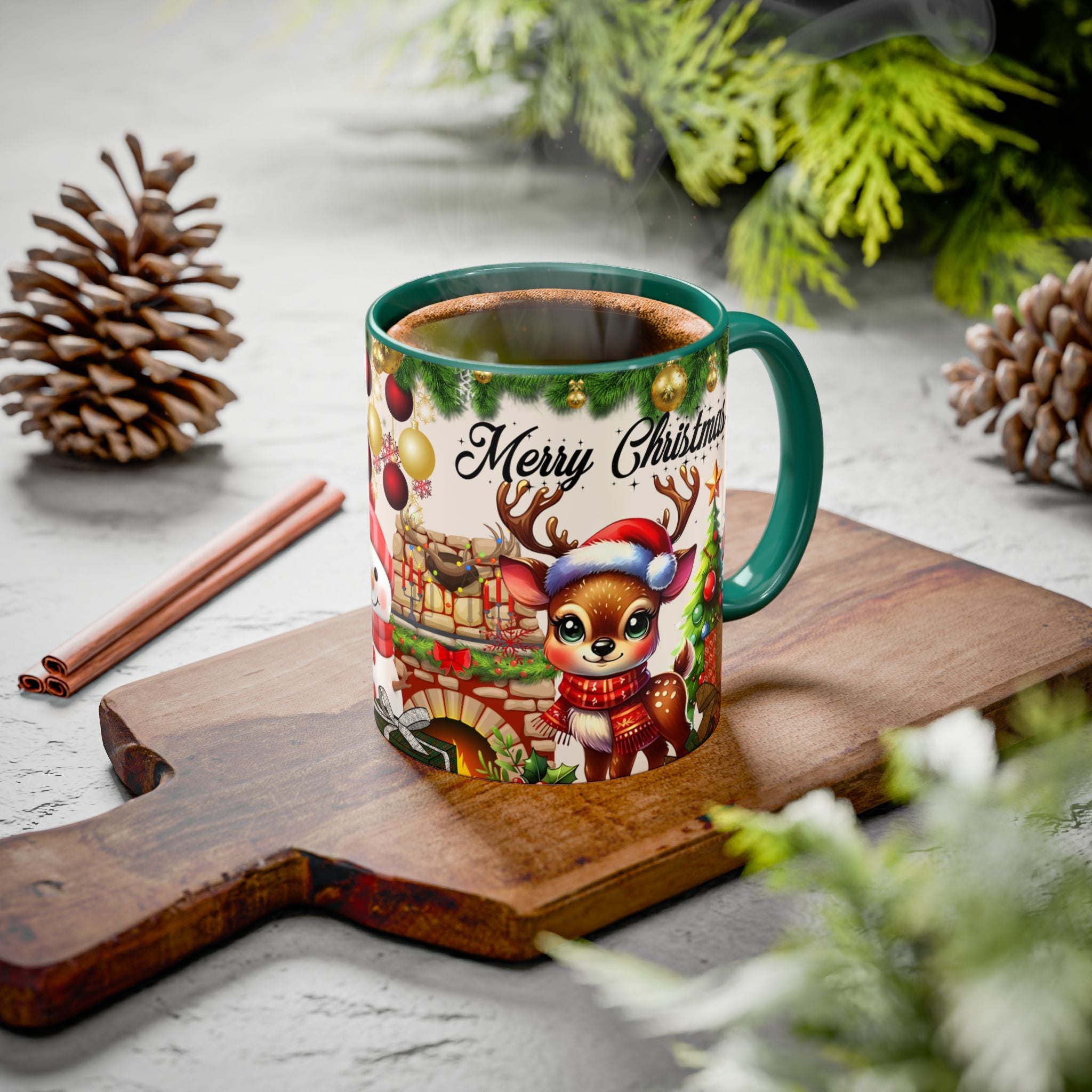 Christmas Reindeer & Snowman Mug  — Merry Christmas Holiday Coffee Cup