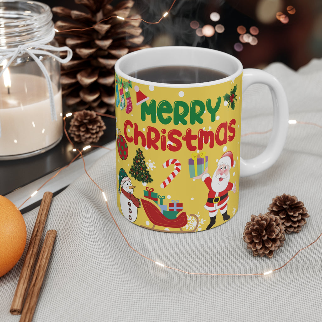 Merry Christmas 11oz Ceramic Mug - Santa, Snowman & Holiday Icons