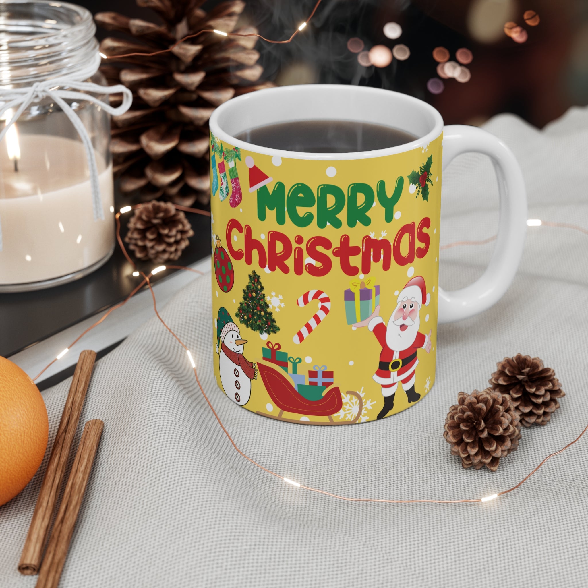 Merry Christmas 11oz Ceramic Mug - Santa, Snowman & Holiday Icons
