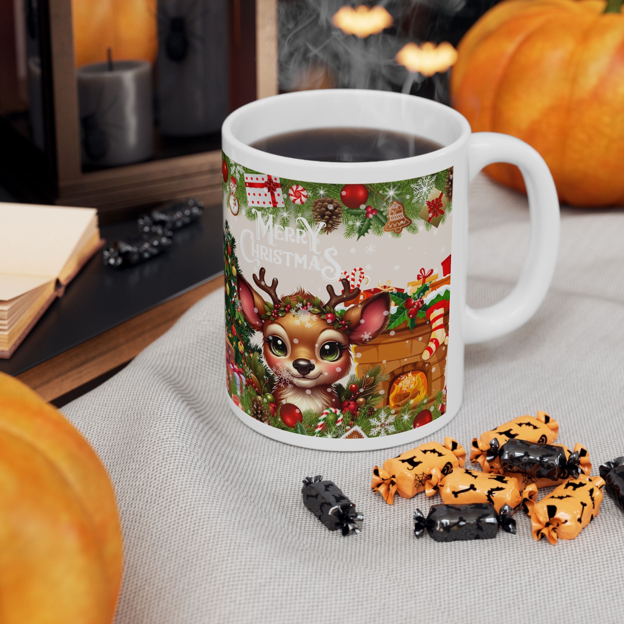 Christmas Reindeer Fireplace Ceramic Mug  - Holiday Coffee Cup with Tree, Stockings & Gifts