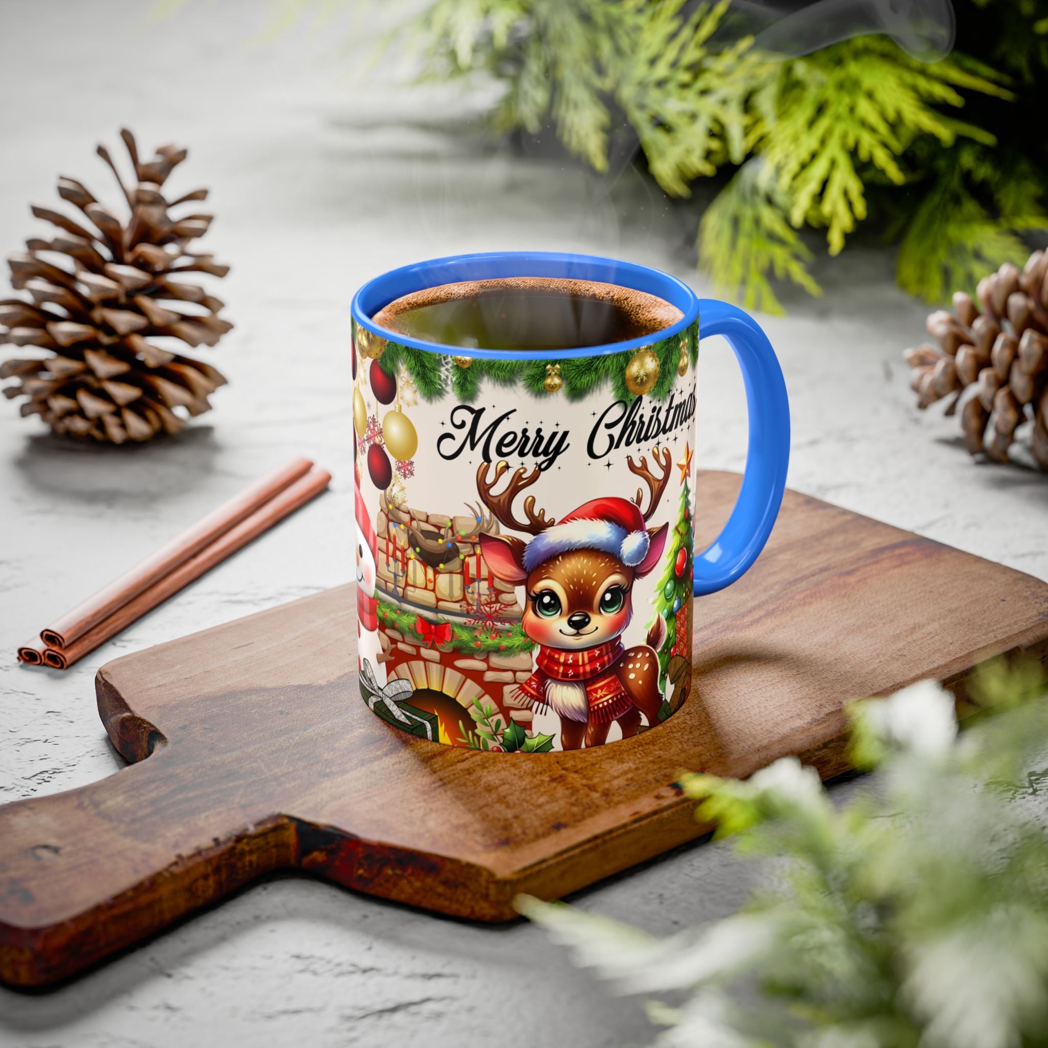 Christmas Reindeer & Snowman Mug  — Merry Christmas Holiday Coffee Cup