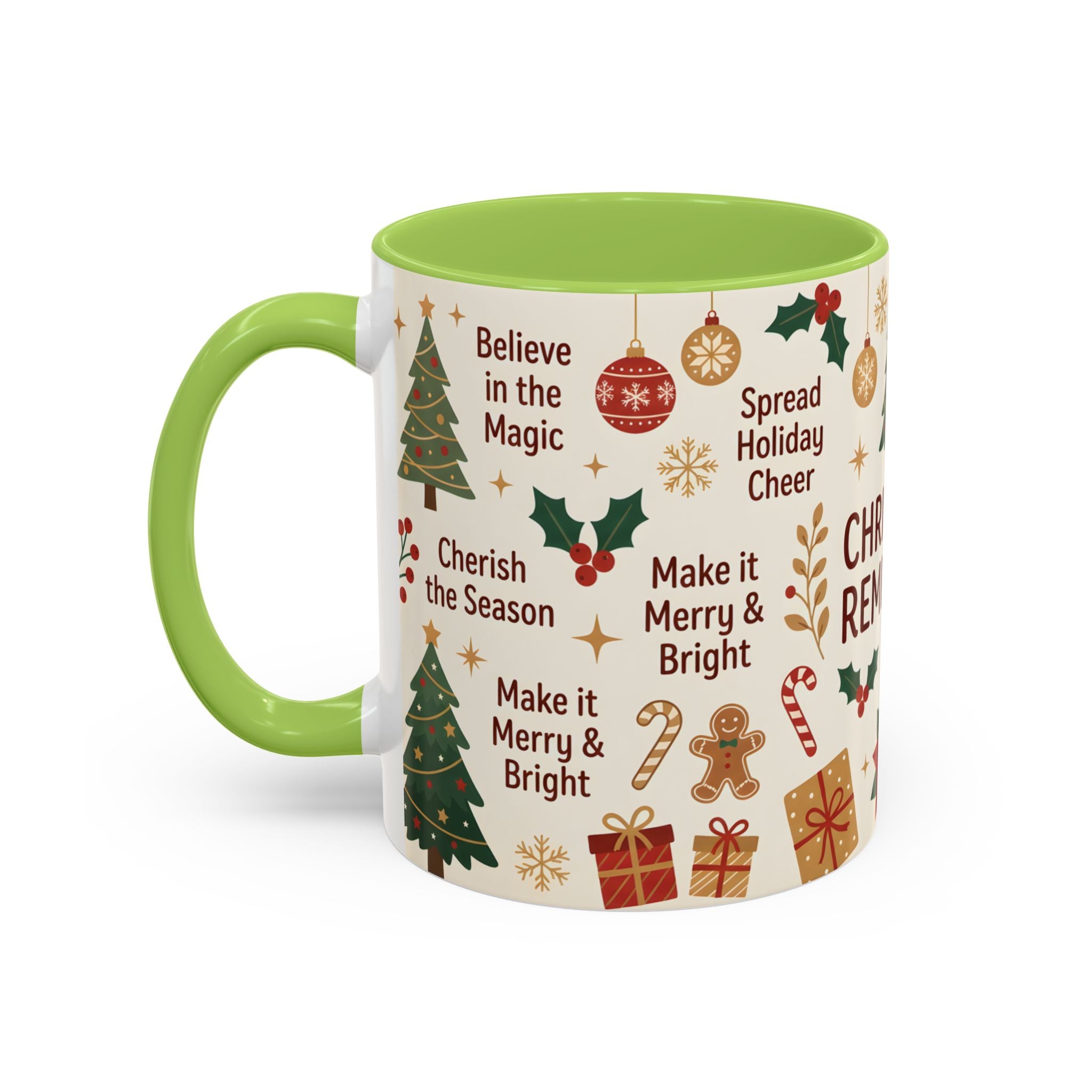 Christmas Reminders Accent Coffee Mug — Holiday Cheer, Peace on Earth Design