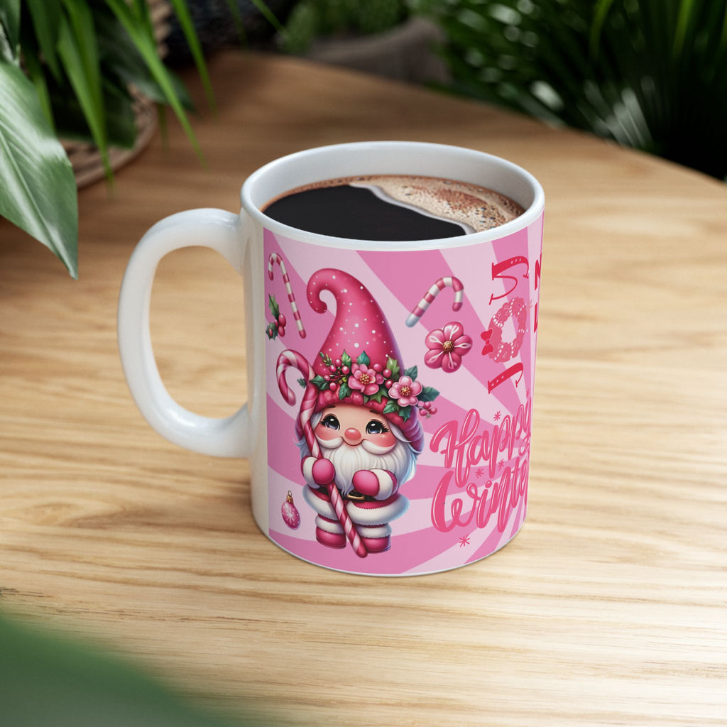 Holiday Ceramic Mug — Pink Striped Ornament Christmas Cocoa Cup