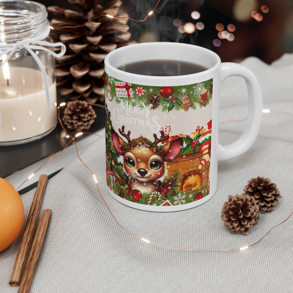 Christmas Reindeer Fireplace Ceramic Mug  - Holiday Coffee Cup with Tree, Stockings & Gifts
