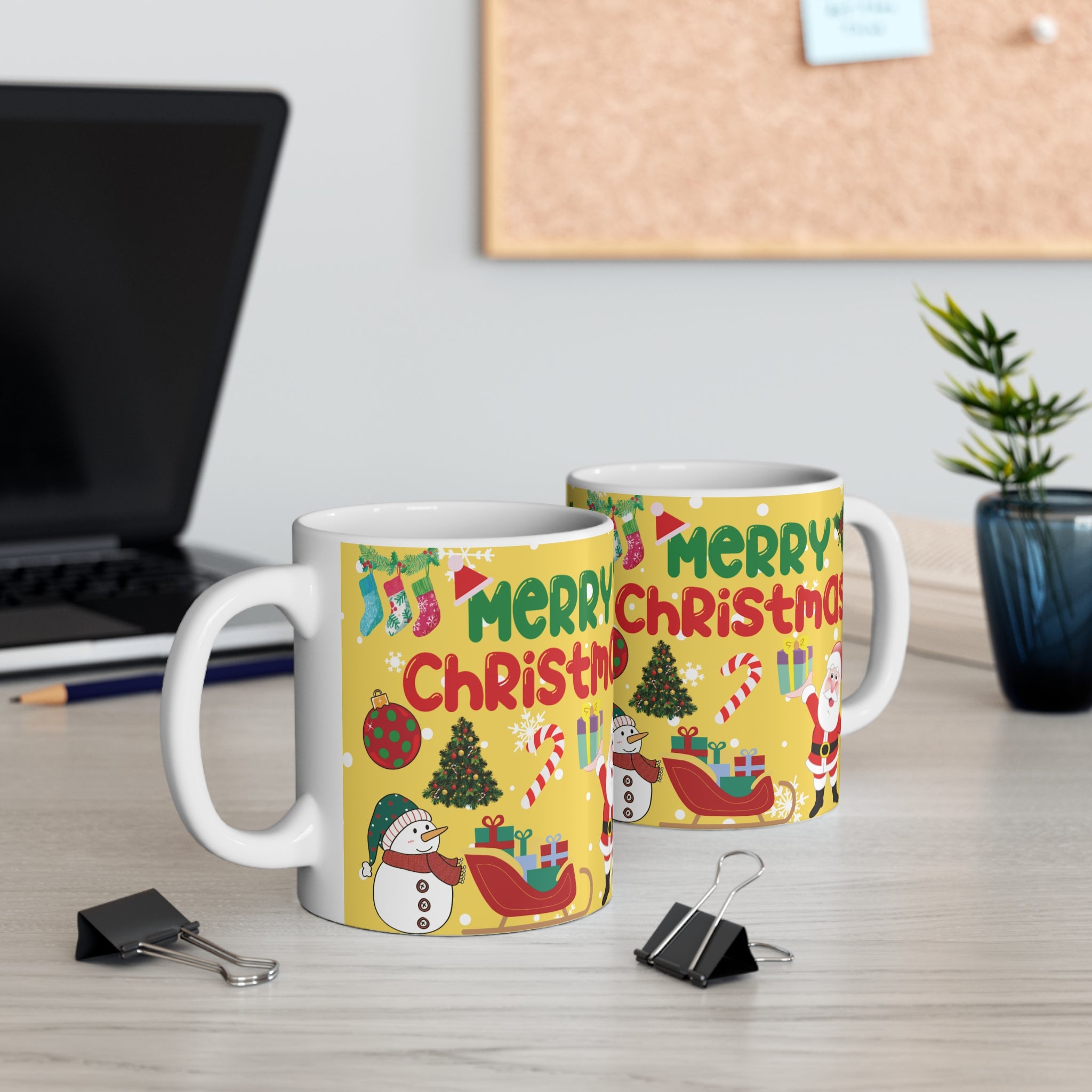 Merry Christmas 11oz Ceramic Mug - Santa, Snowman & Holiday Icons