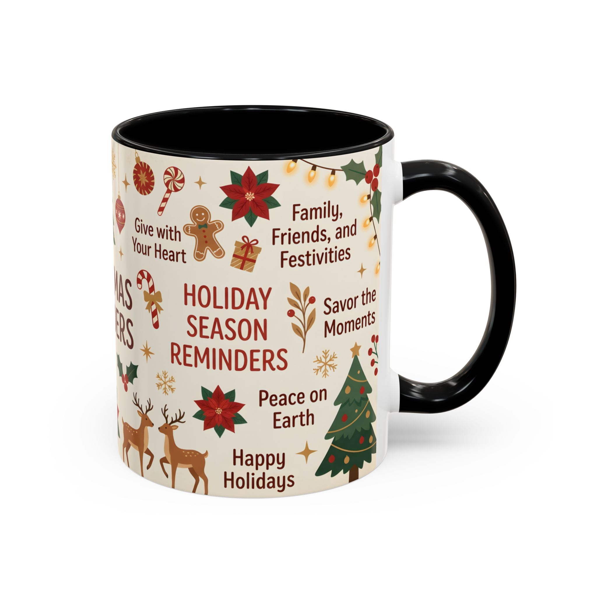 Christmas Reminders Accent Coffee Mug — Holiday Cheer, Peace on Earth Design