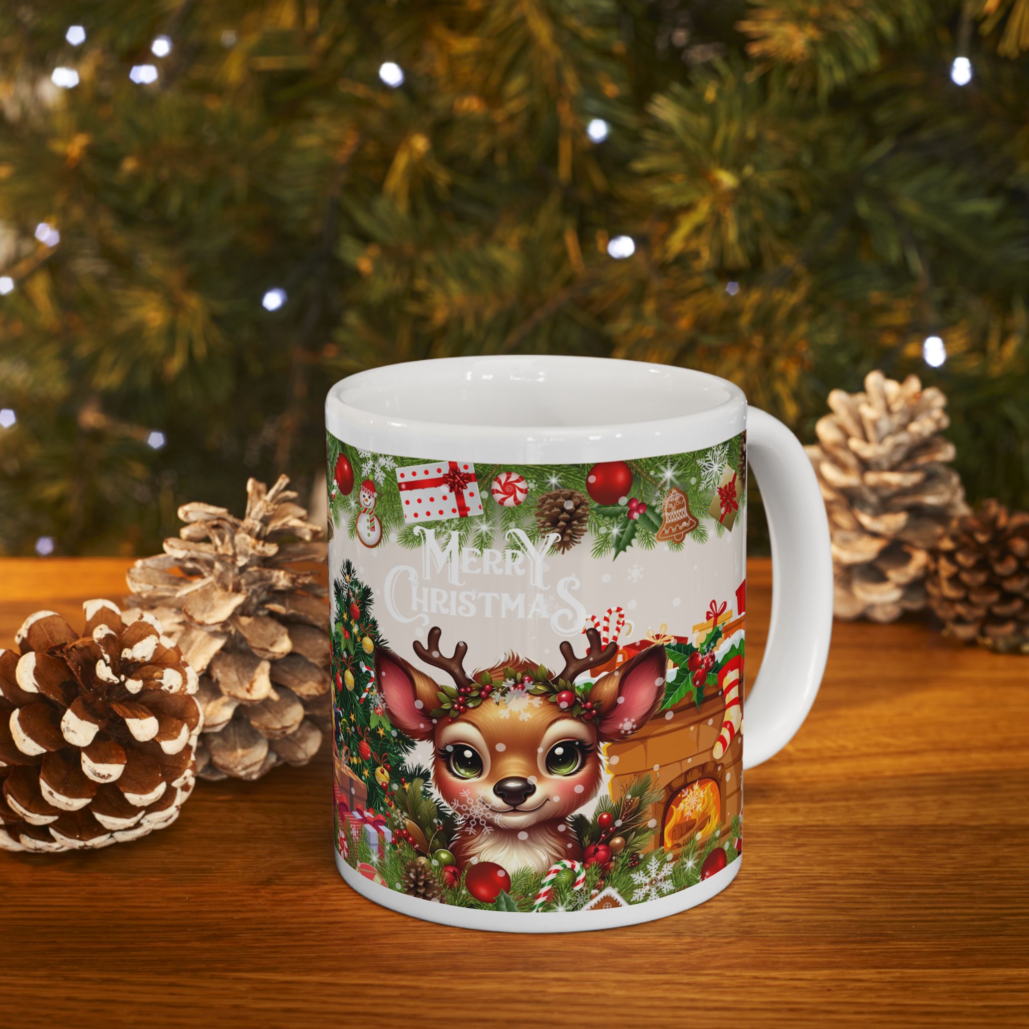 Christmas Reindeer Fireplace Ceramic Mug  - Holiday Coffee Cup with Tree, Stockings & Gifts