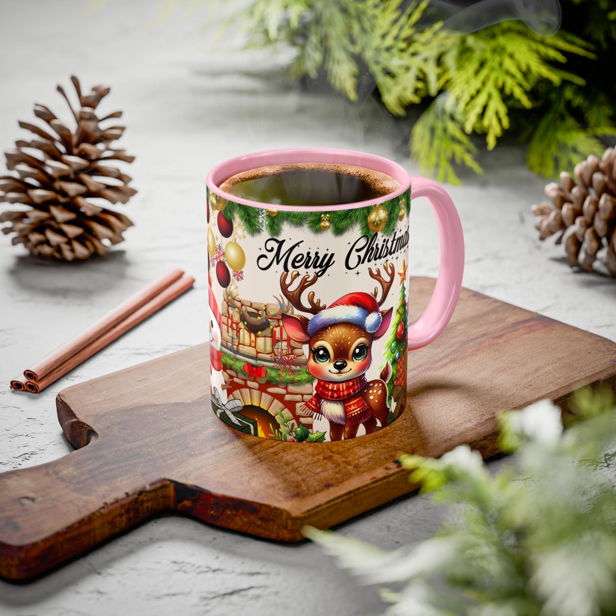 Christmas Reindeer & Snowman Mug  — Merry Christmas Holiday Coffee Cup