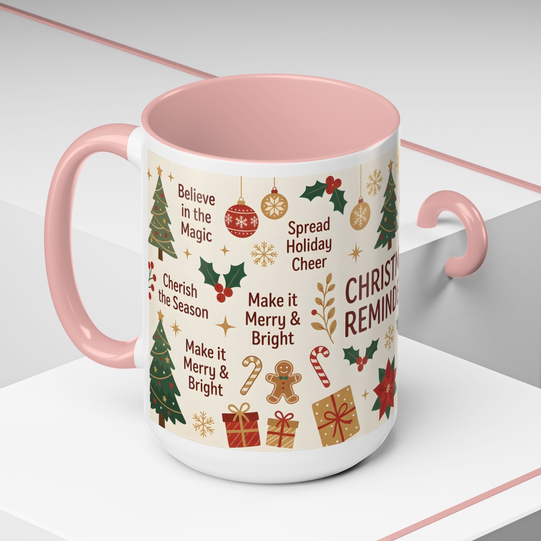 Christmas Reminders Accent Coffee Mug — Holiday Cheer, Peace on Earth Design
