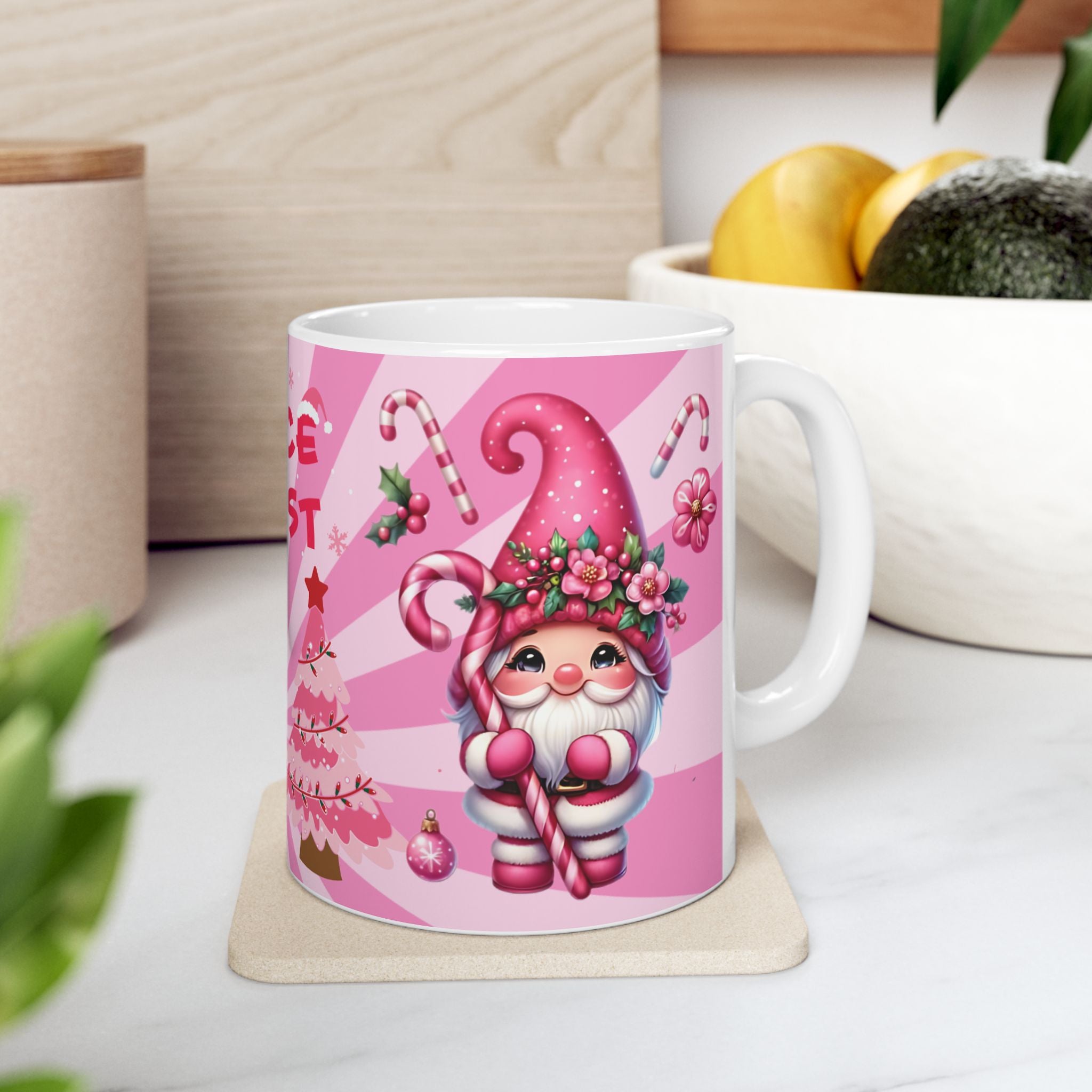 Holiday Ceramic Mug — Pink Striped Ornament Christmas Cocoa Cup
