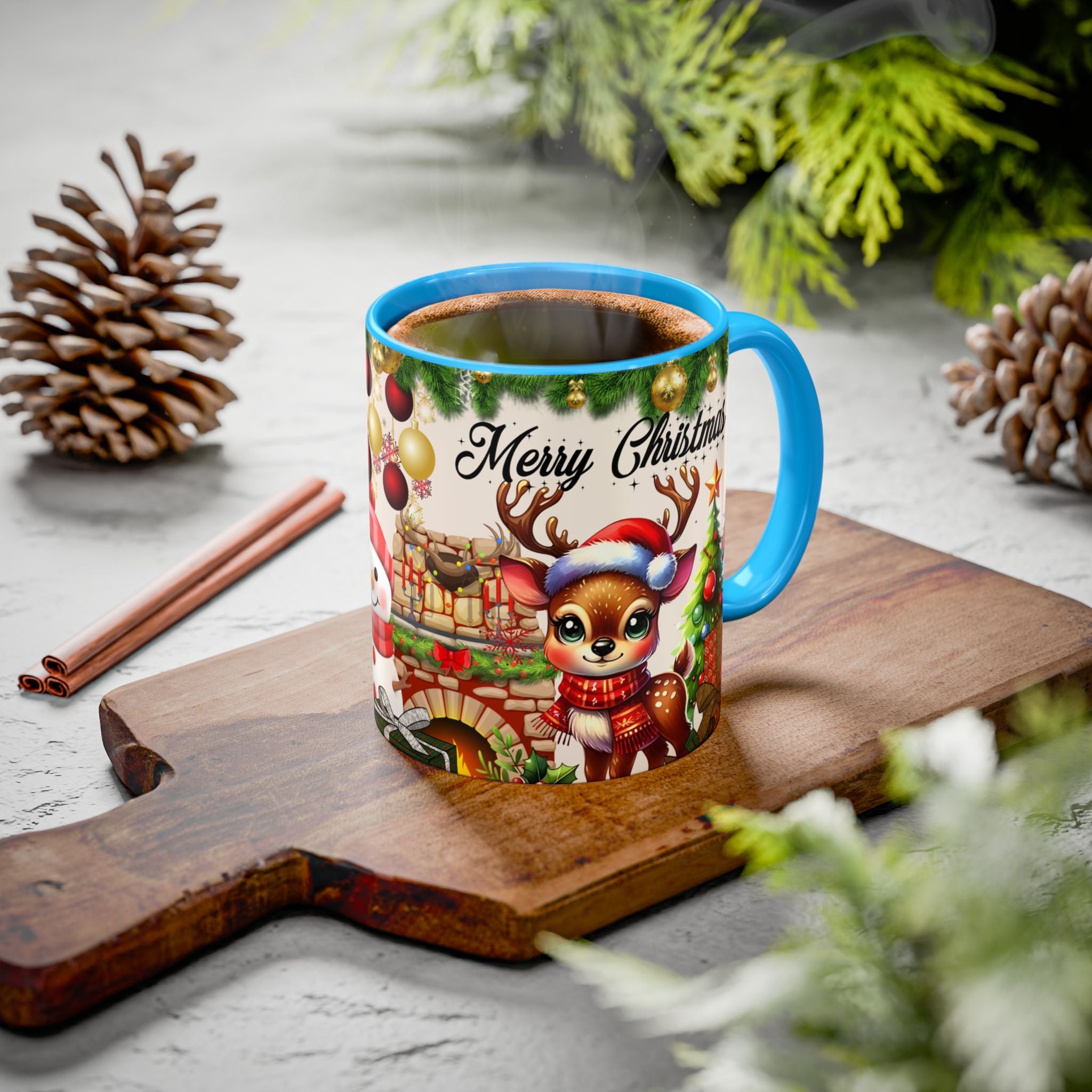 Christmas Reindeer & Snowman Mug  — Merry Christmas Holiday Coffee Cup