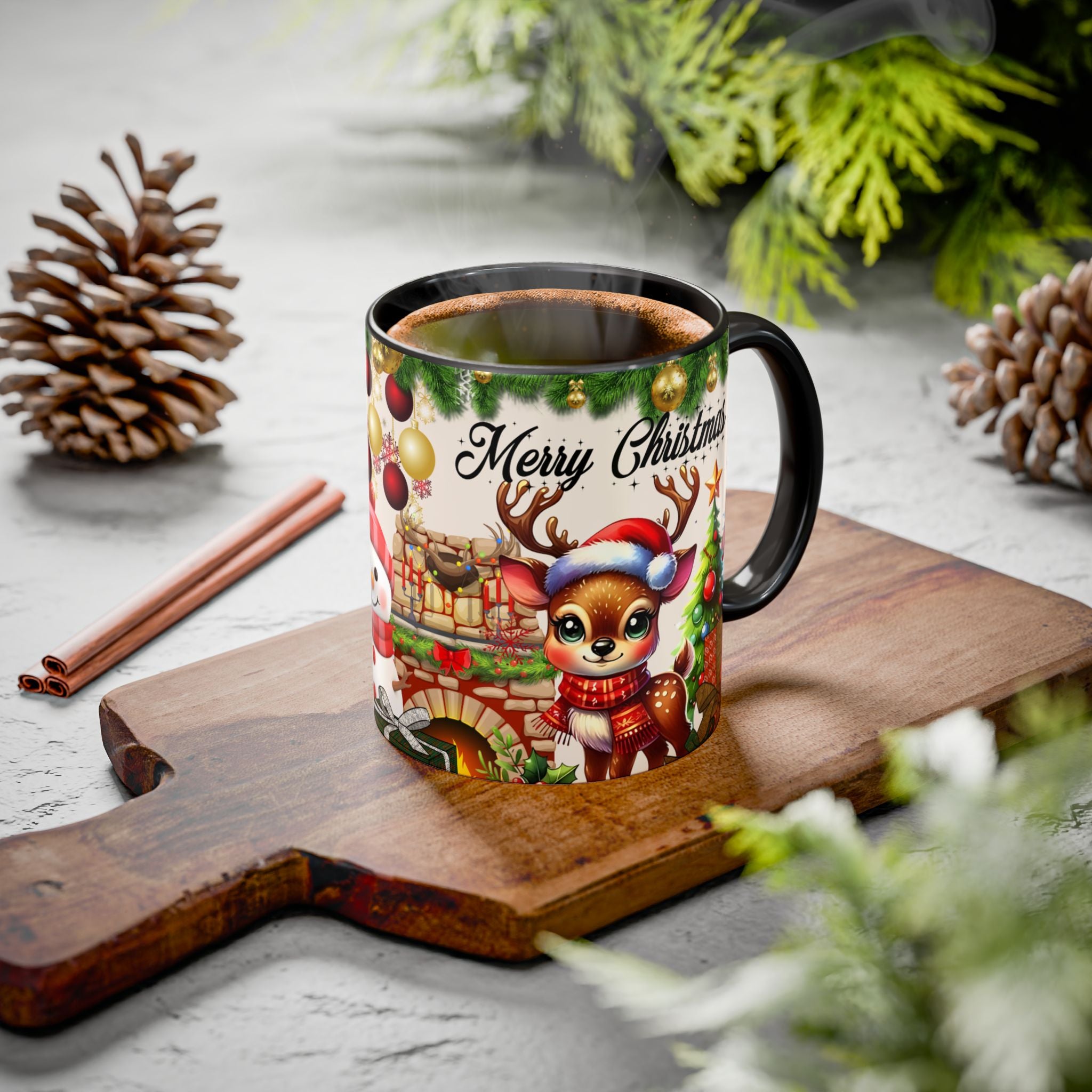 Christmas Reindeer & Snowman Mug  — Merry Christmas Holiday Coffee Cup