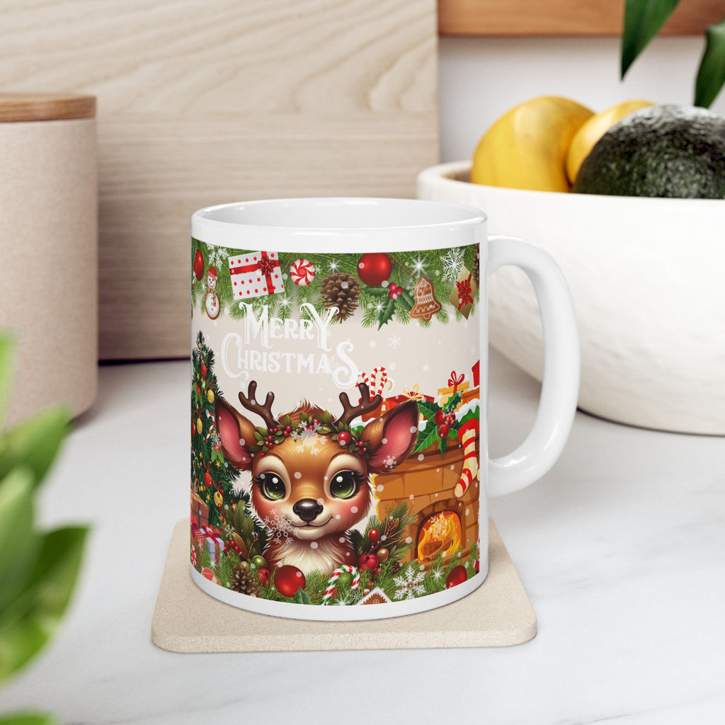 Christmas Reindeer Fireplace Ceramic Mug  - Holiday Coffee Cup with Tree, Stockings & Gifts