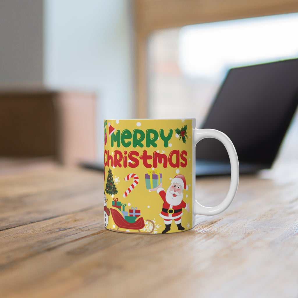 Merry Christmas 11oz Ceramic Mug - Santa, Snowman & Holiday Icons
