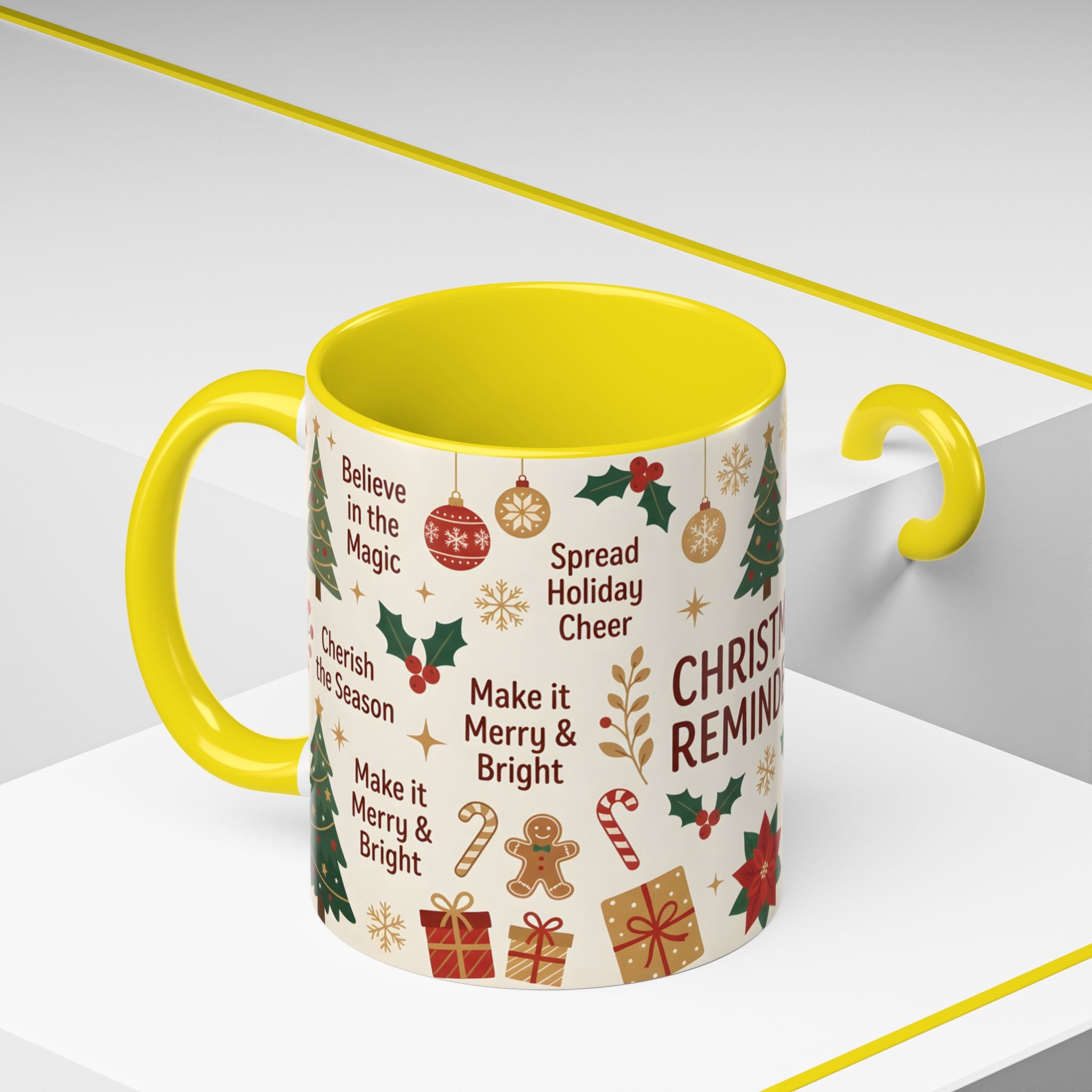 Christmas Reminders Accent Coffee Mug — Holiday Cheer, Peace on Earth Design