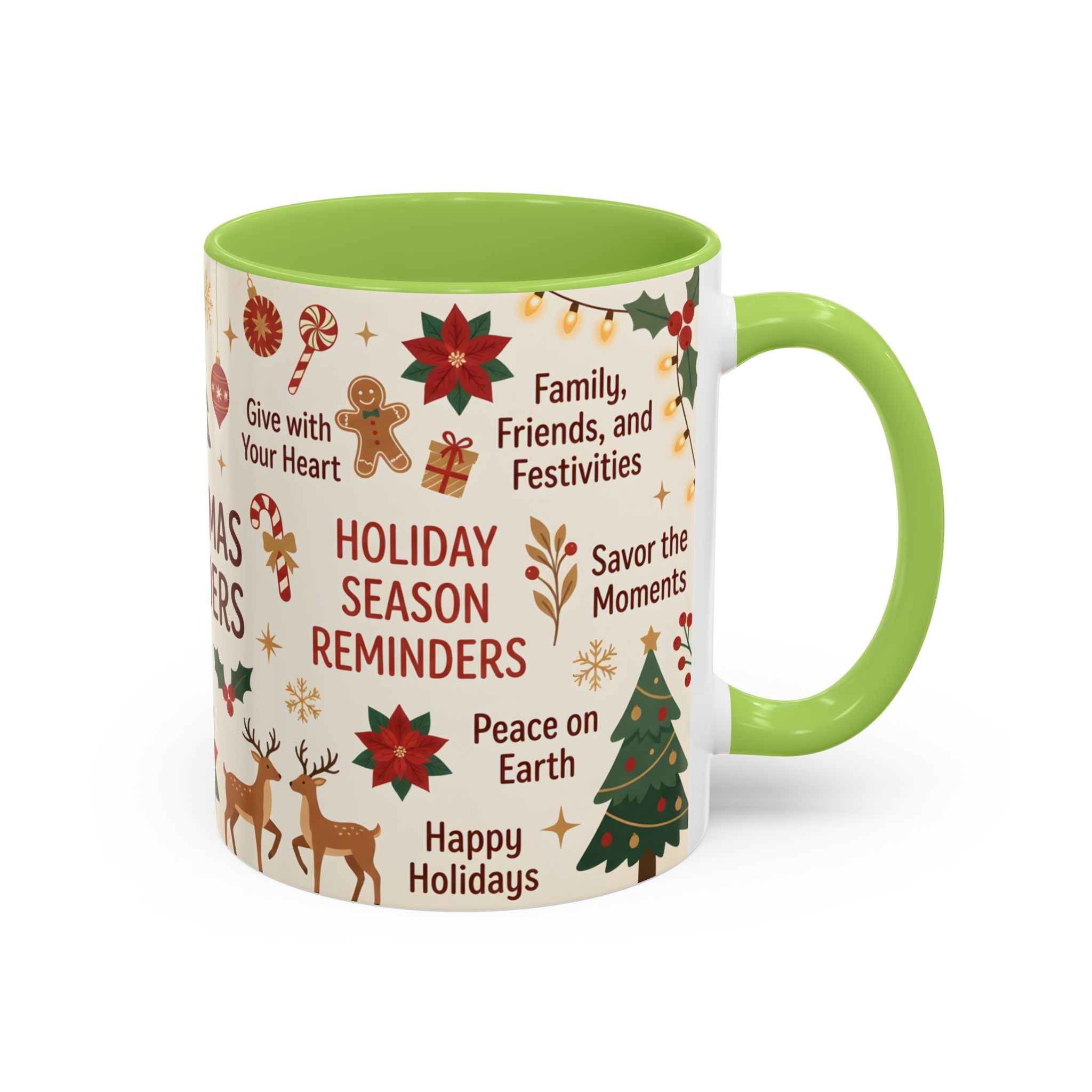 Christmas Reminders Accent Coffee Mug — Holiday Cheer, Peace on Earth Design