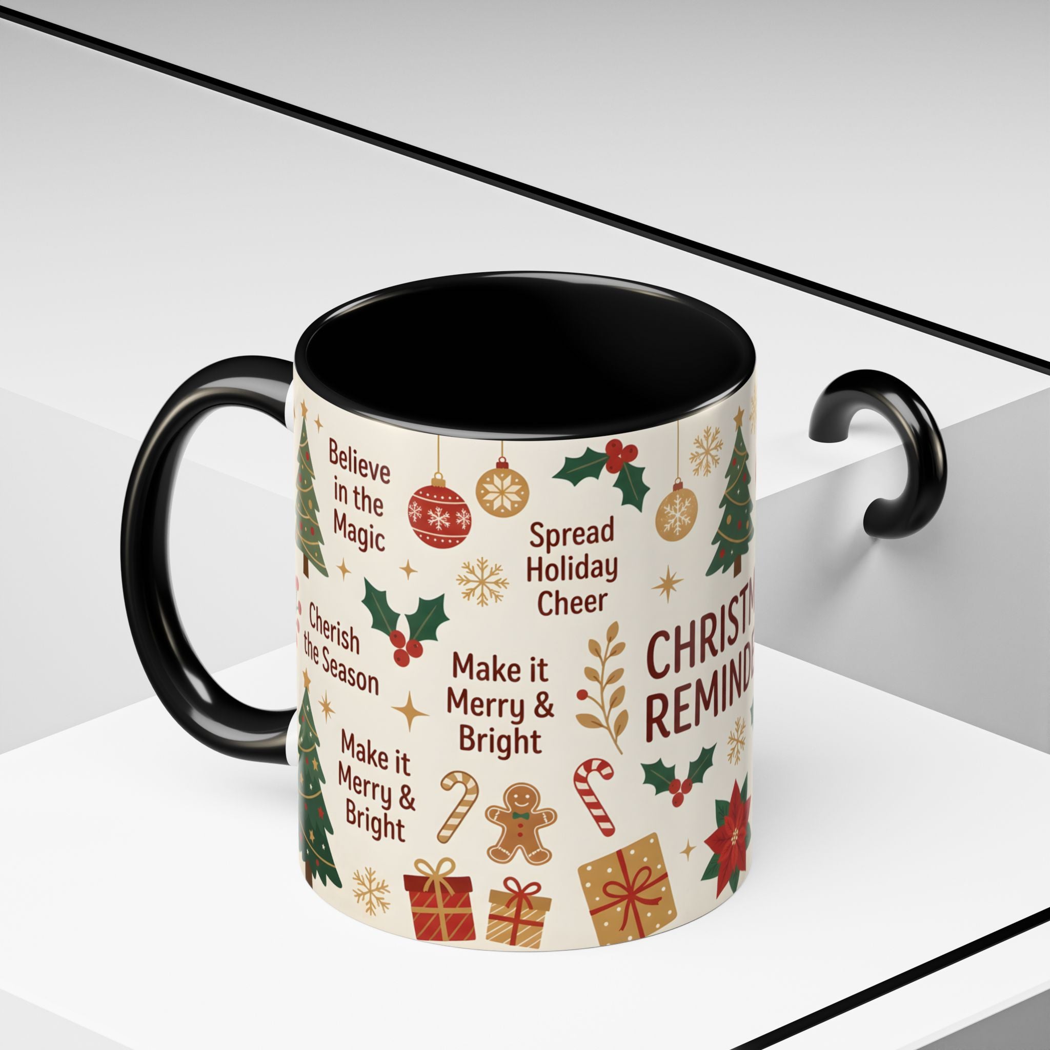 Christmas Reminders Accent Coffee Mug — Holiday Cheer, Peace on Earth Design